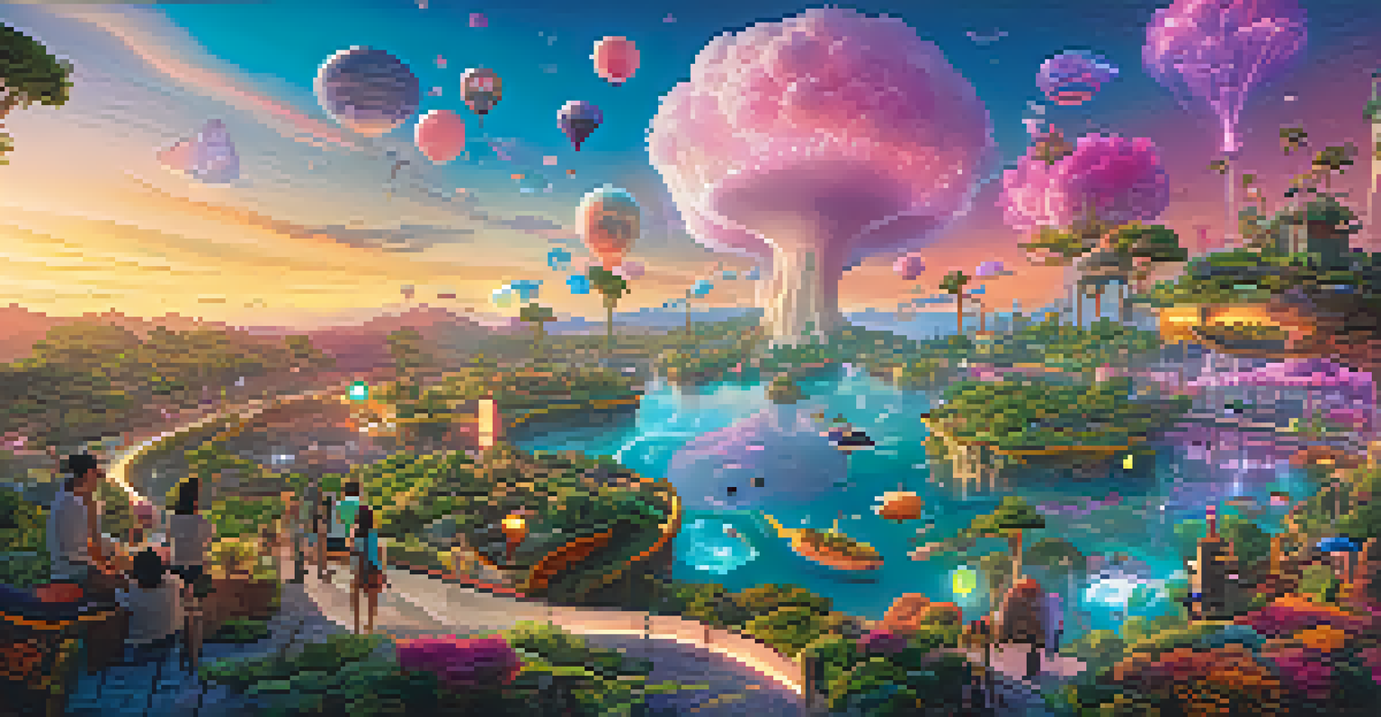 A virtual reality landscape with floating islands and fans engaging with brands through NFTs, under a colorful sunset sky.