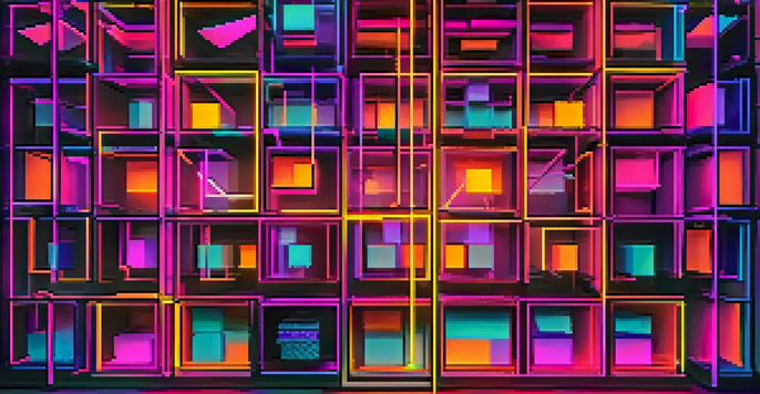 An artistic representation of blockchain technology with glowing interconnected blocks and unique symbols for NFTs.