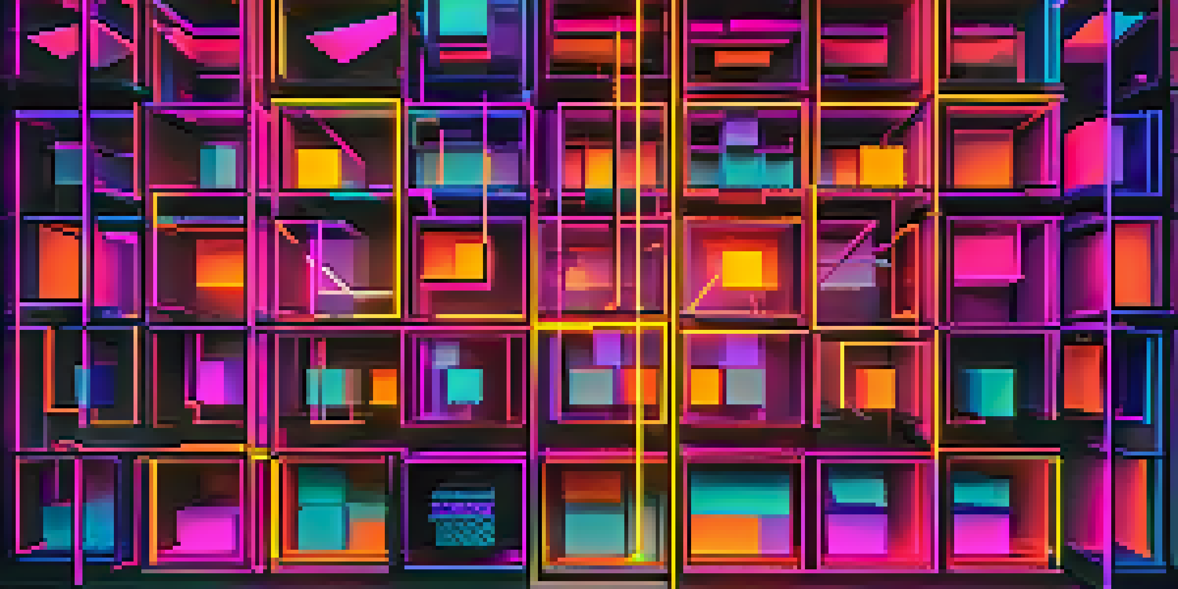 An artistic representation of blockchain technology with glowing interconnected blocks and unique symbols for NFTs.