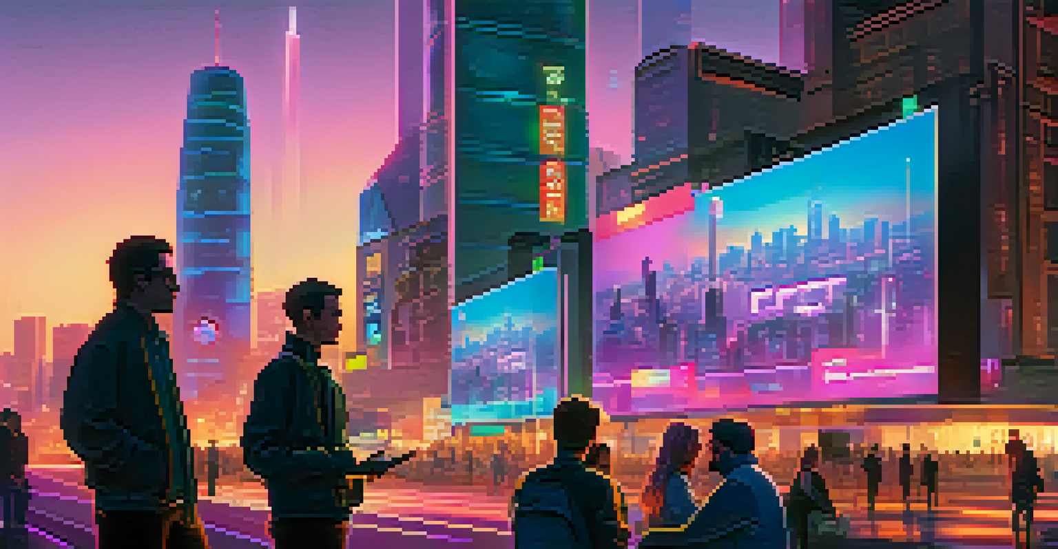 A futuristic city skyline at dusk with digital billboards displaying NFTs, and a group of friends discussing an NFT on a mobile device.