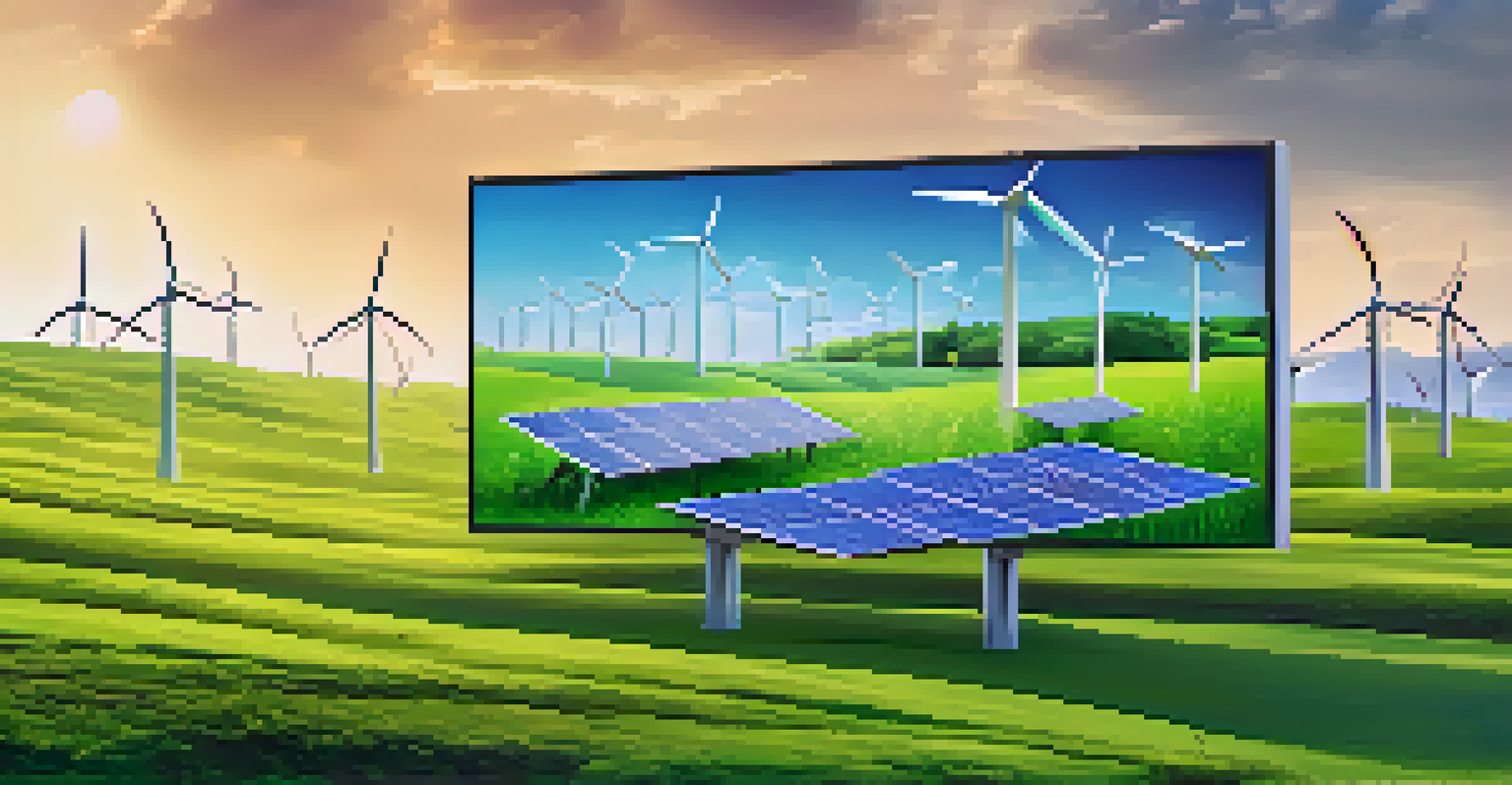 A landscape with green fields and renewable energy sources, featuring a digital screen displaying NFT artworks, symbolizing sustainability.