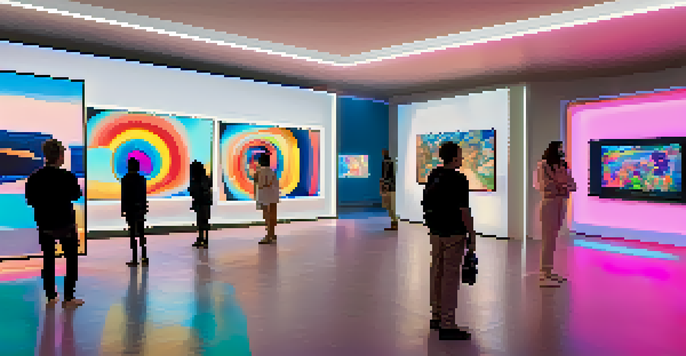 A modern digital art gallery showcasing various unique NFTs with people viewing the artworks under soft lighting.