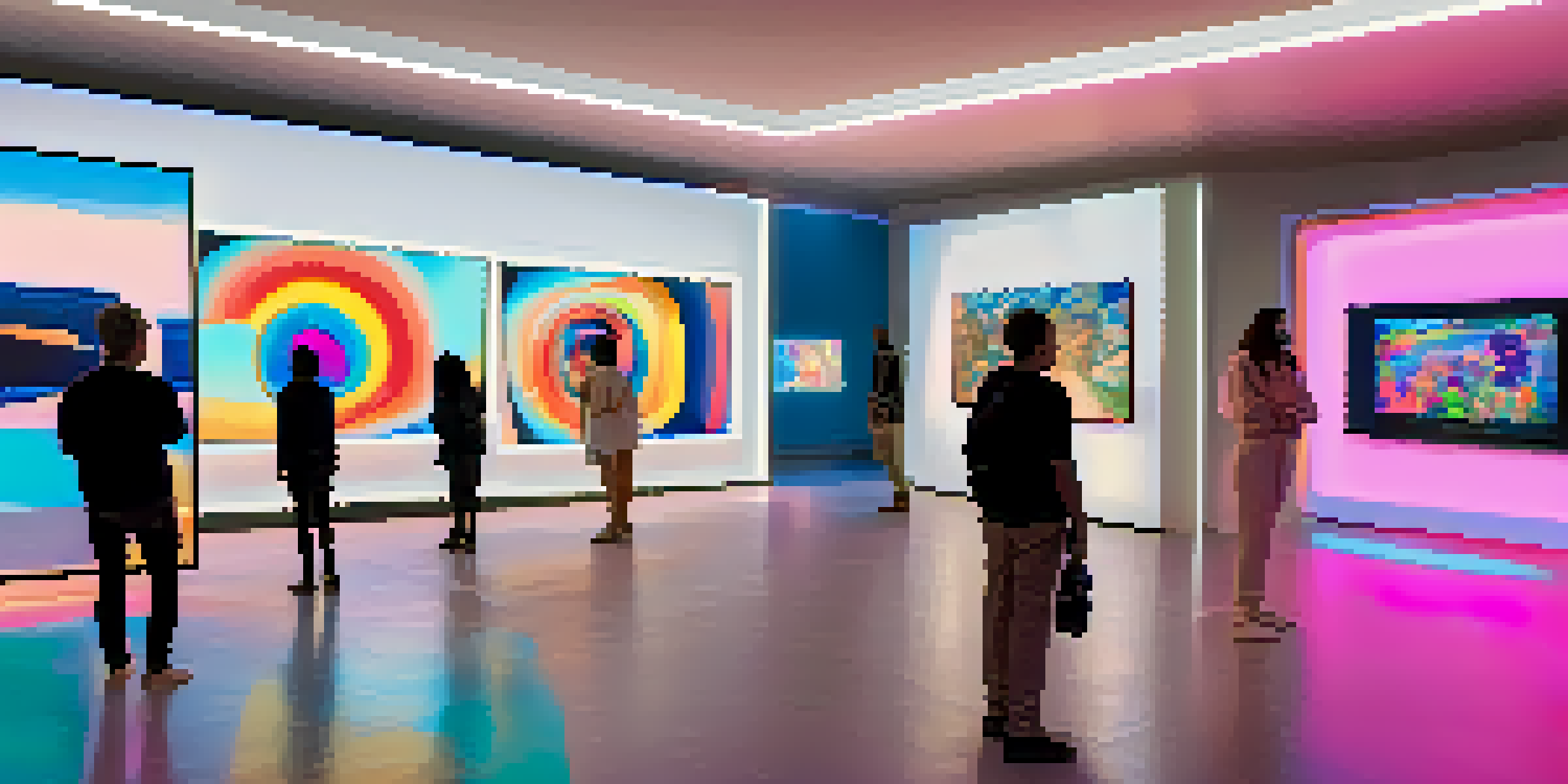 A modern digital art gallery showcasing various unique NFTs with people viewing the artworks under soft lighting.