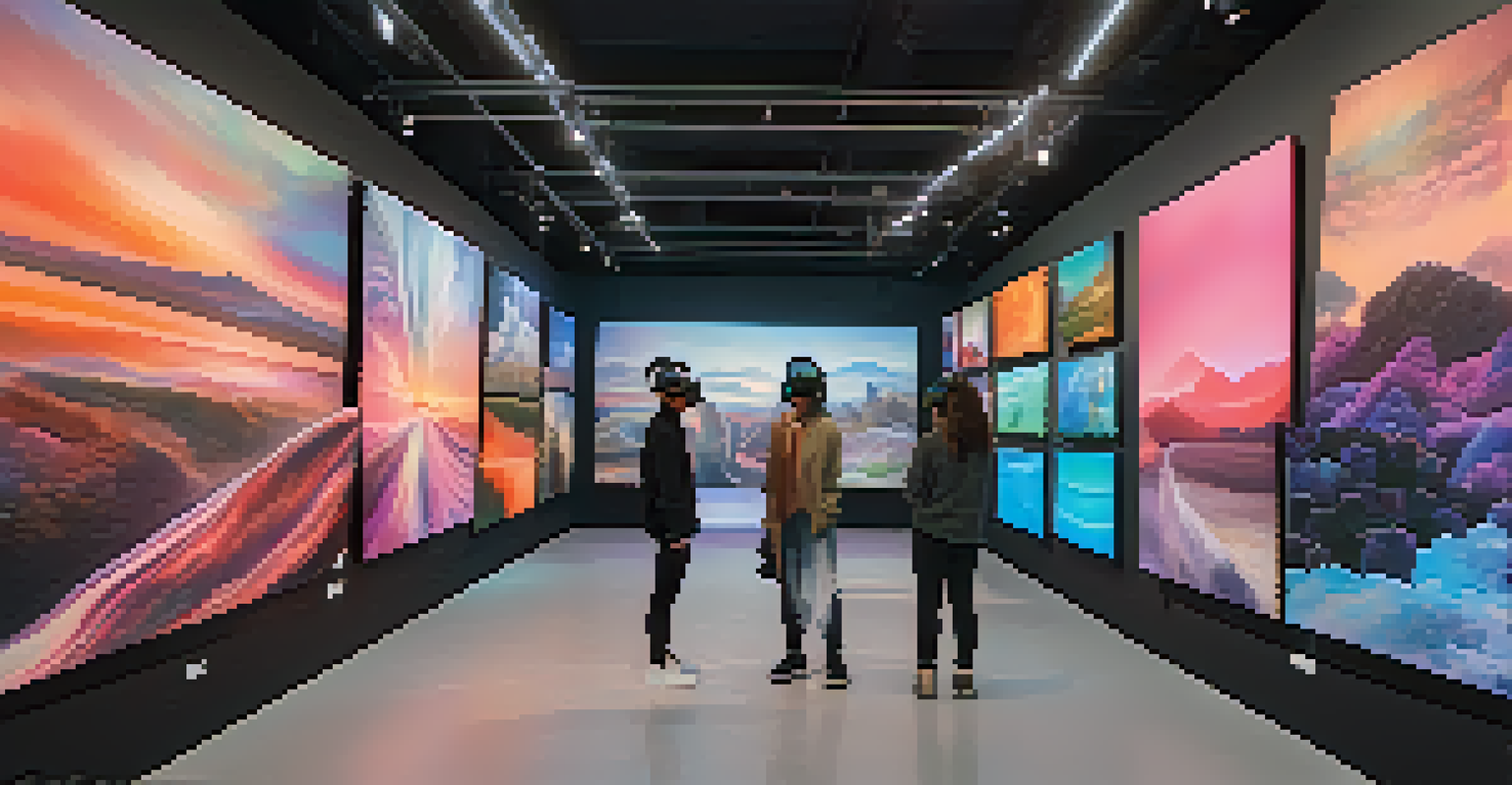 A virtual gallery showcasing diverse NFT artworks, with visitors wearing VR headsets in a futuristic setting.