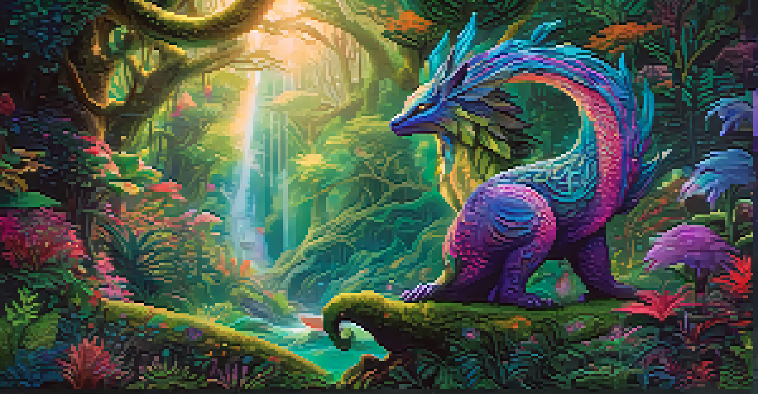 A mythical creature in a magical forest, surrounded by glowing plants and soft light.