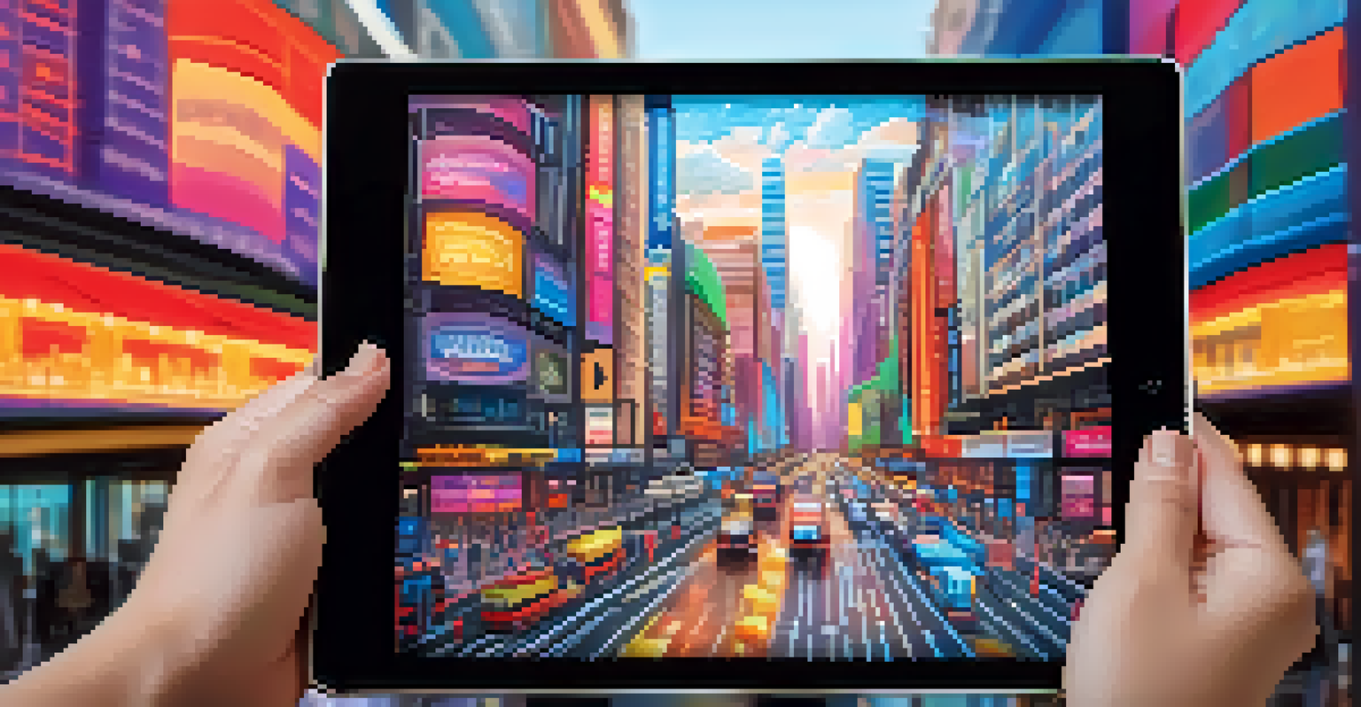 A close-up of a colorful NFT artwork displayed on a digital tablet, with a blurred city street in the background.
