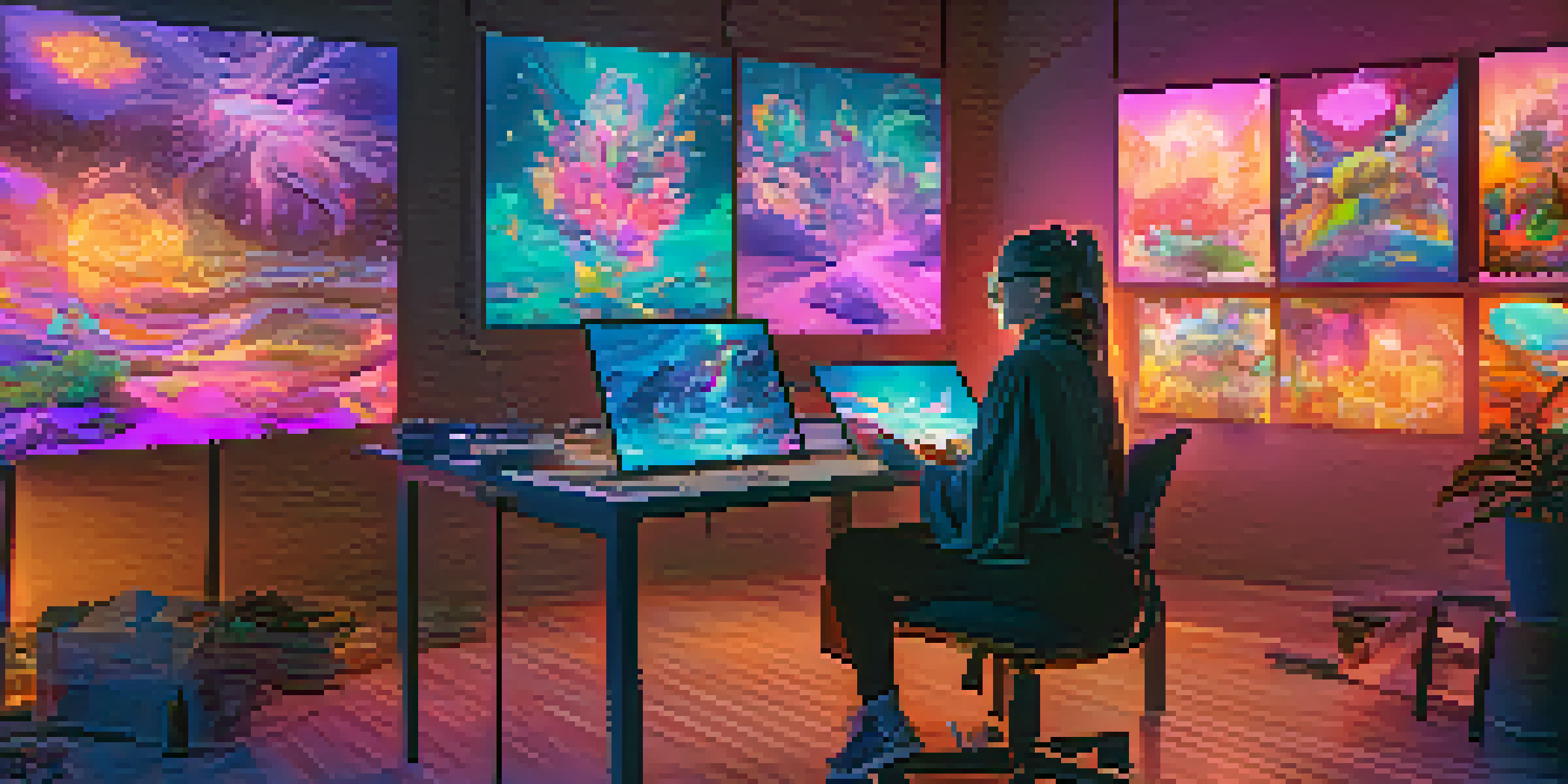A digital art studio with colorful NFT artworks on screens, and an artist working on a tablet surrounded by holographic images.