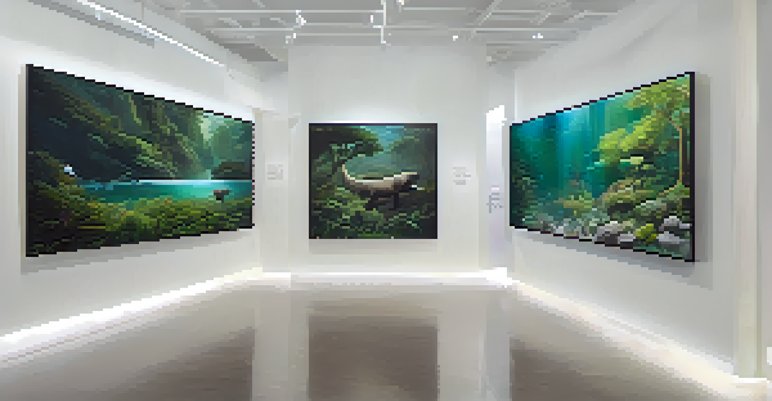 A modern digital art gallery featuring NFTs that address environmental issues, with ambient lighting enhancing the artworks.