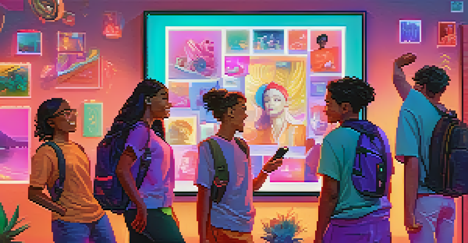 A diverse group of young individuals excitedly discussing digital NFTs on a screen in a modern setting.