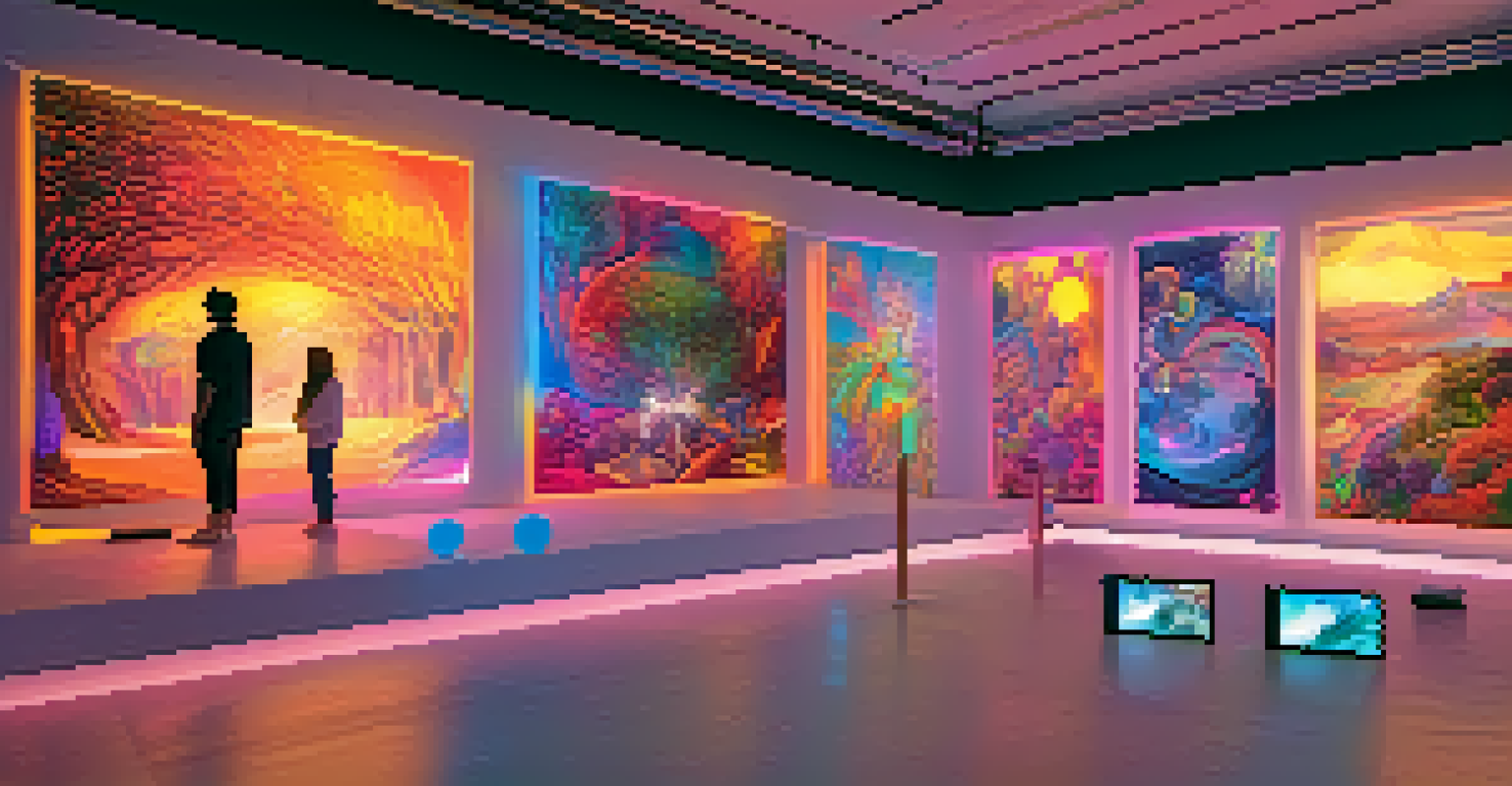 A virtual reality art gallery showcasing colorful digital artworks with viewers interacting with the pieces in an immersive environment.