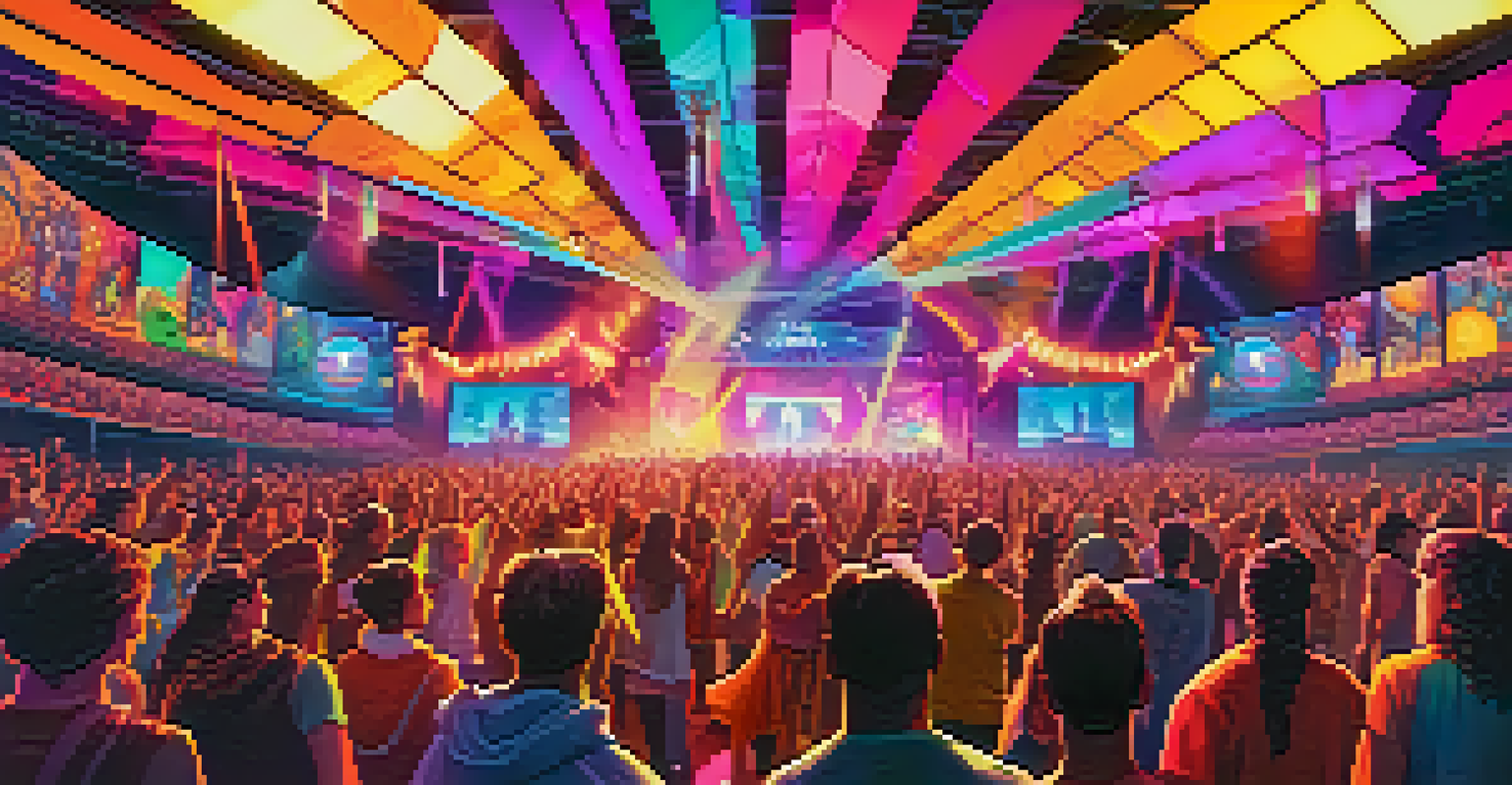 A virtual music festival with colorful visuals and avatars dancing, showcasing NFTs on a digital stage.