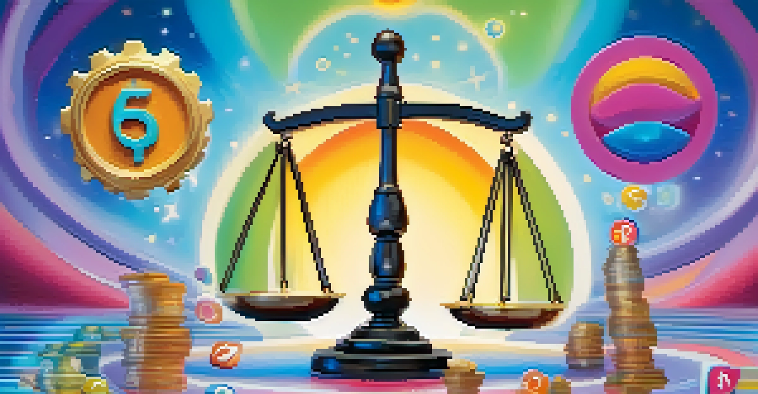A balance scale with an NFT token on one side and a copyright symbol on the other, set against a vibrant, colorful background.