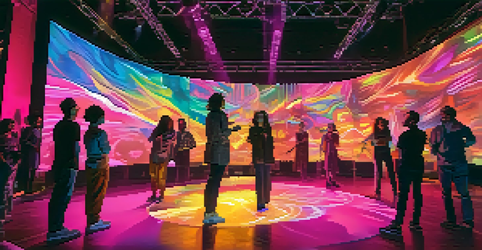 A diverse group of artists performing on stage with colorful projections, dynamic lighting, and an engaged audience capturing the moment.
