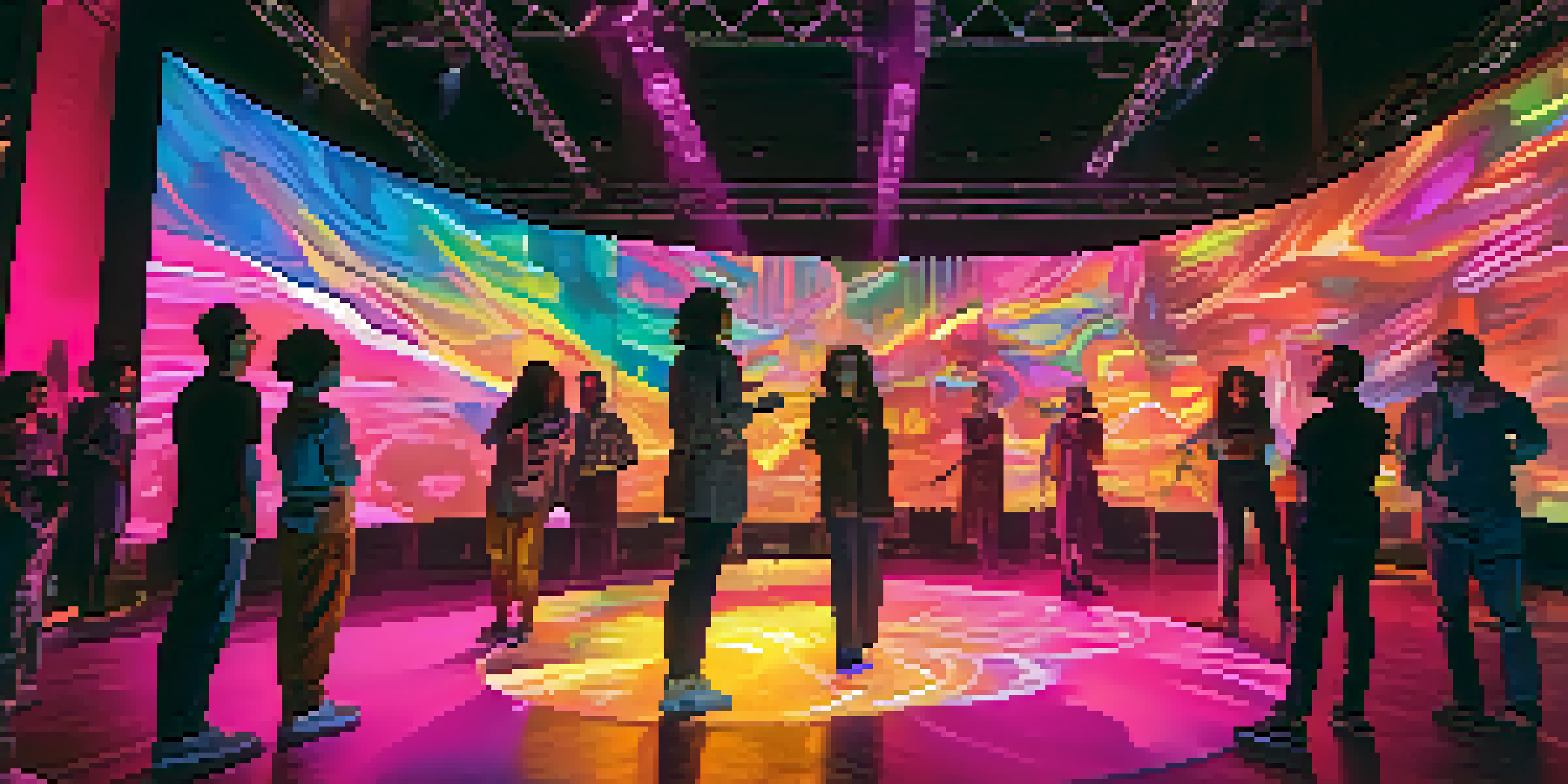 A diverse group of artists performing on stage with colorful projections, dynamic lighting, and an engaged audience capturing the moment.
