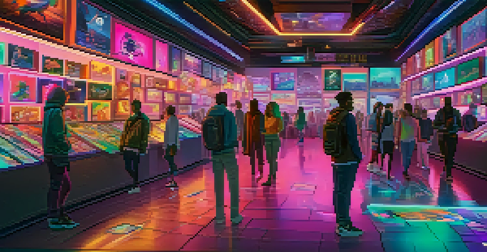 A digital marketplace with colorful NFTs displayed in a futuristic gallery, featuring avatars of players interacting with the art in a lively atmosphere.