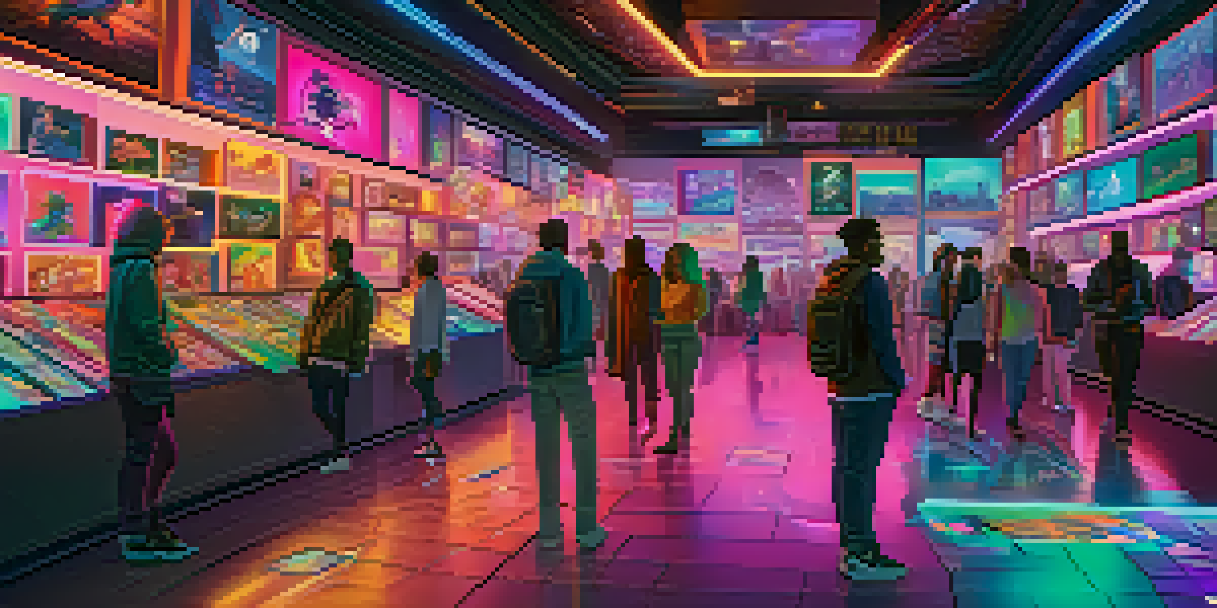 A digital marketplace with colorful NFTs displayed in a futuristic gallery, featuring avatars of players interacting with the art in a lively atmosphere.