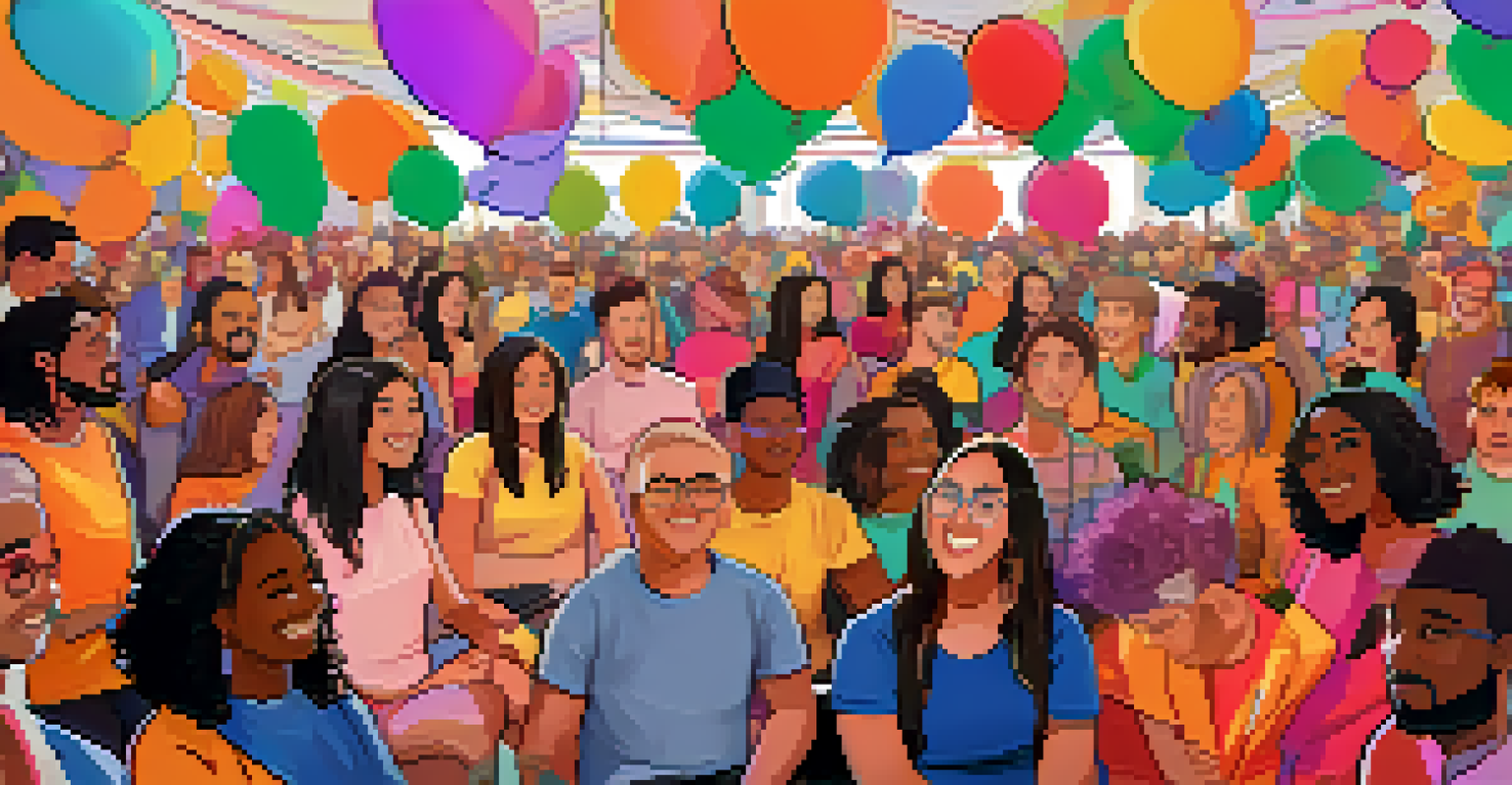 A virtual gathering space with diverse avatars of NFT fans chatting enthusiastically about art and music, with colorful banners in the background.
