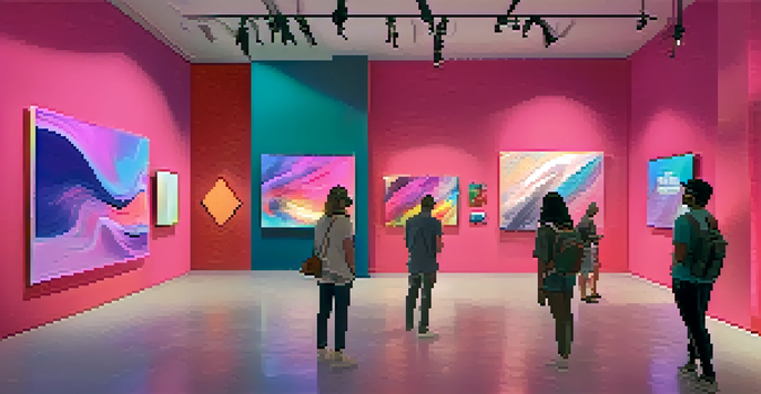 A digital art gallery featuring various colorful NFTs displayed on virtual screens, with people admiring the artwork and some wearing VR headsets.