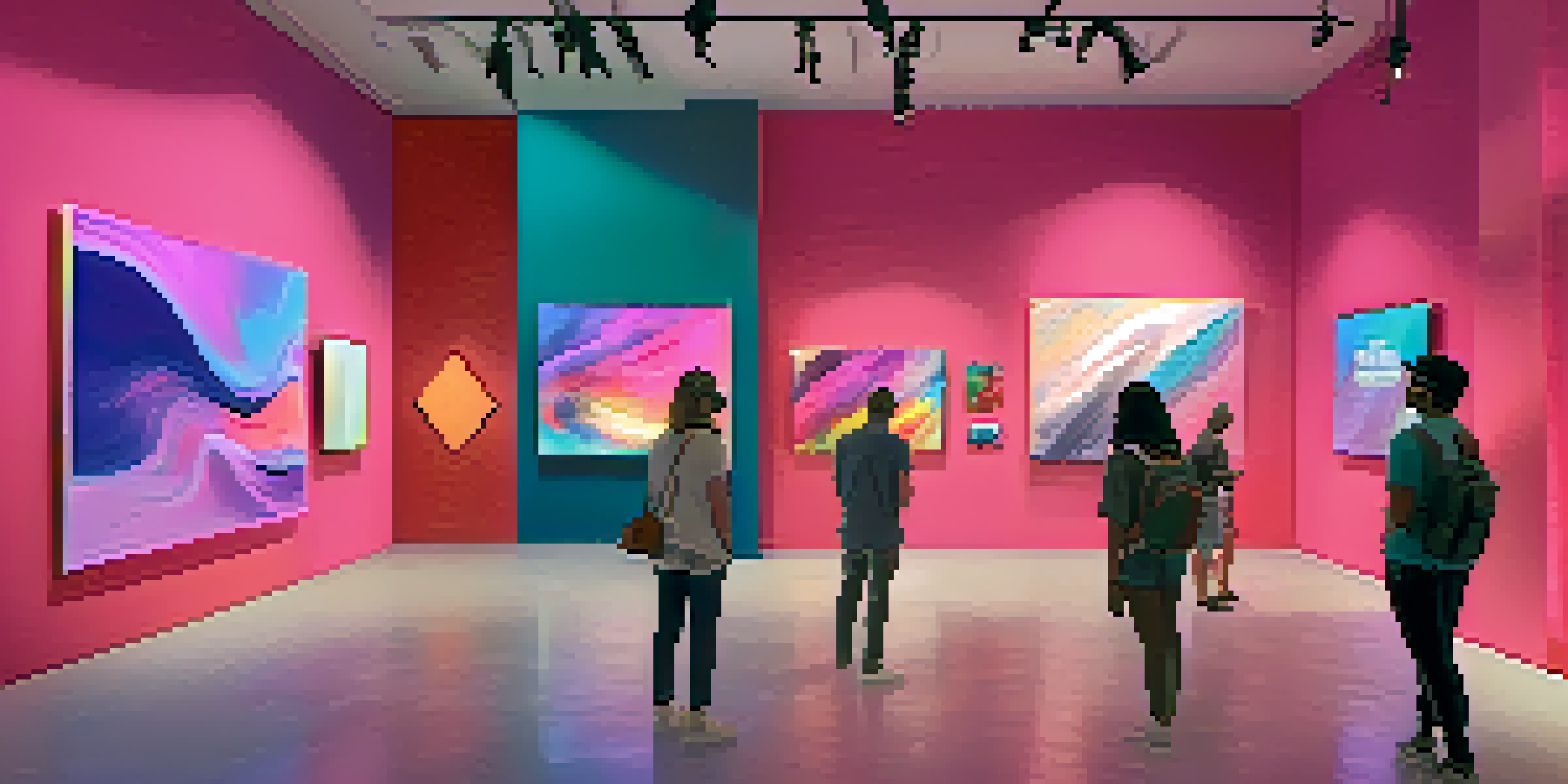 A digital art gallery featuring various colorful NFTs displayed on virtual screens, with people admiring the artwork and some wearing VR headsets.