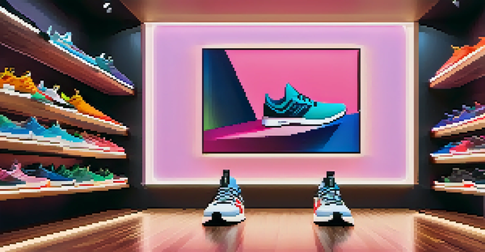A limited-edition sneaker displayed next to a digital screen showing its NFT certificate in a trendy boutique.