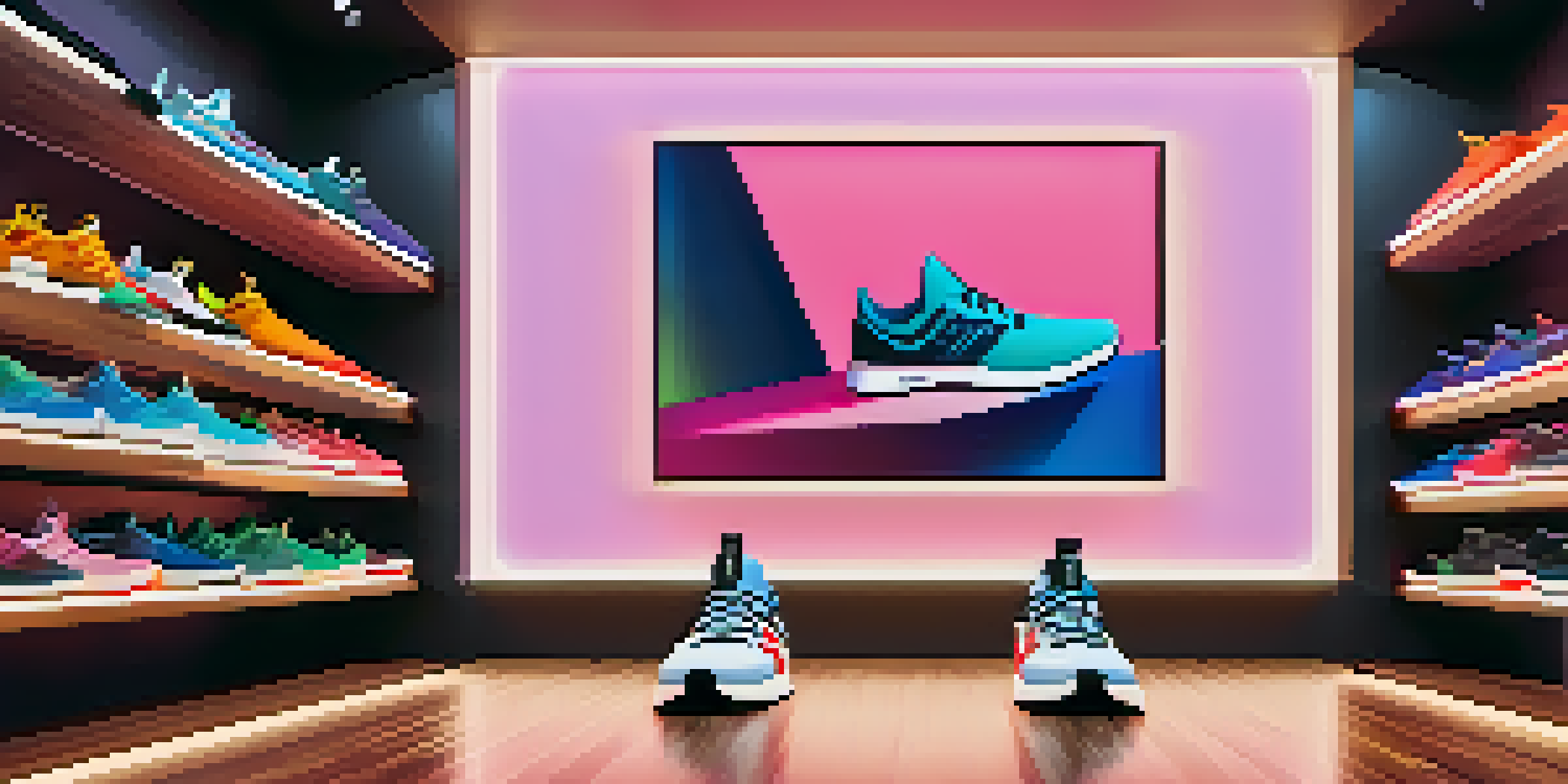 A limited-edition sneaker displayed next to a digital screen showing its NFT certificate in a trendy boutique.
