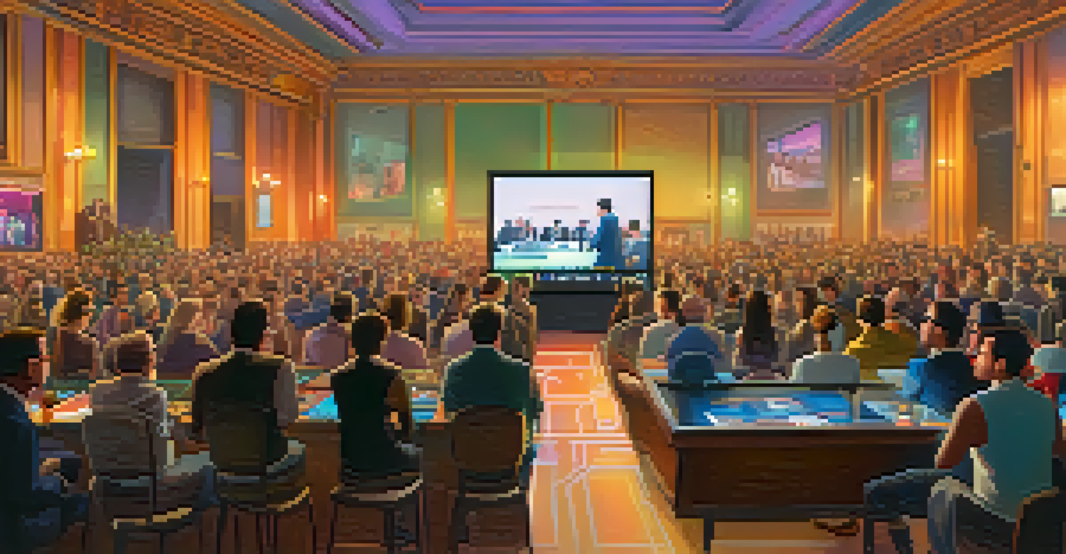 An online auction for NFTs with diverse collectors actively bidding, surrounded by colorful animations on screens.