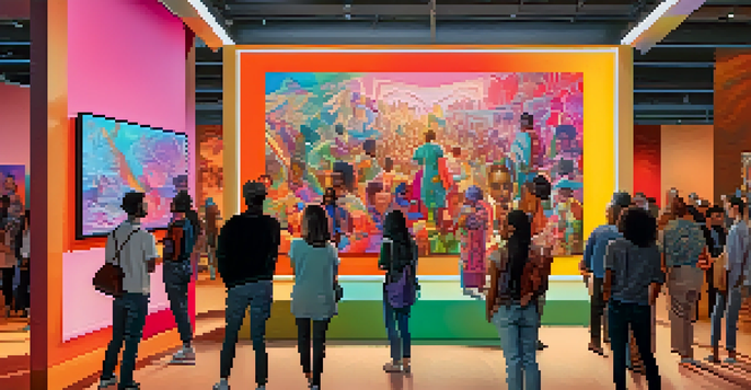 A diverse group of people in a modern art gallery, discussing digital NFTs of cultural artifacts displayed on a large screen, with colorful abstract patterns on the walls.
