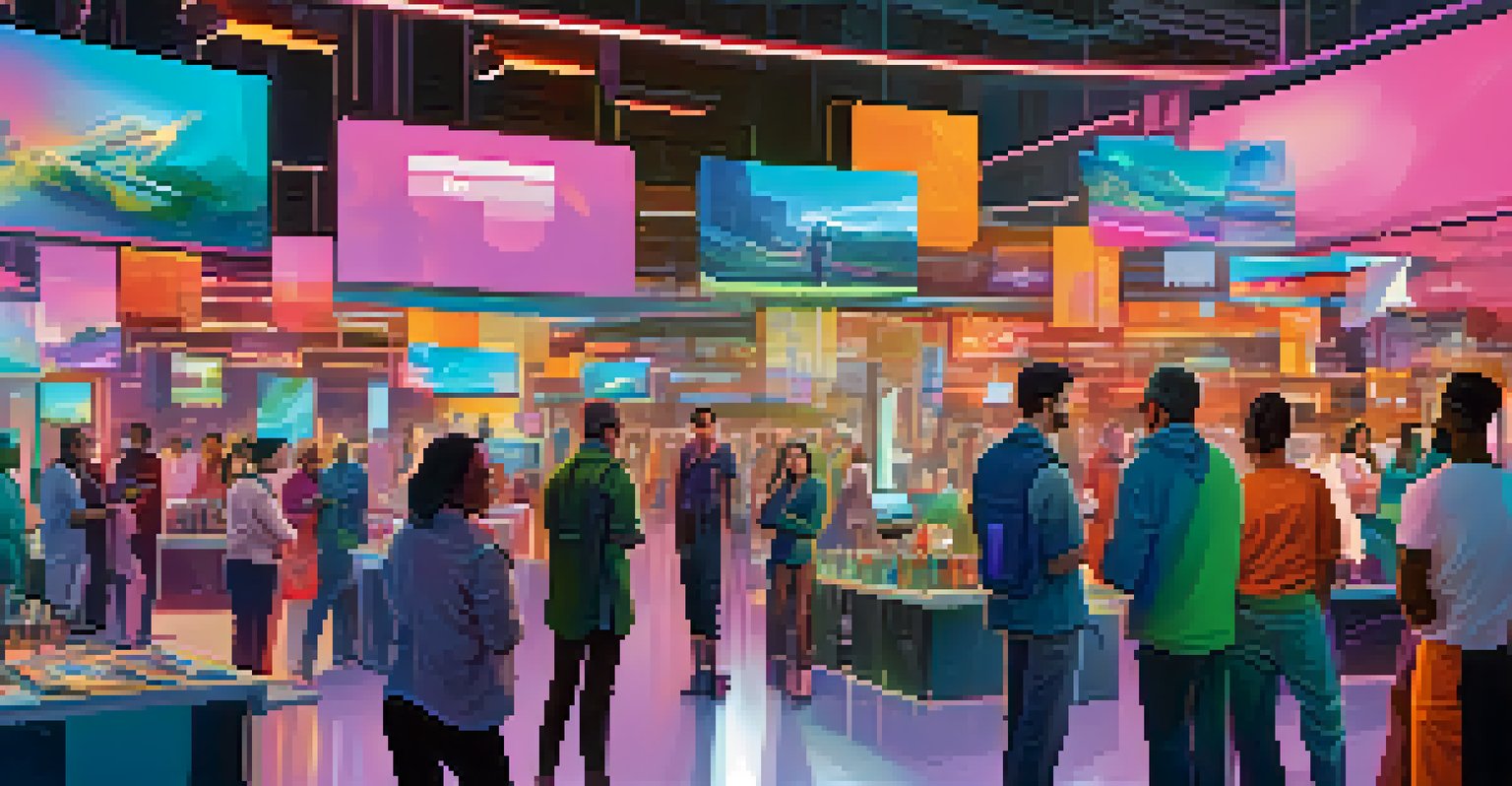A modern marketplace with gig workers showcasing digital creations, featuring diverse individuals and futuristic technology.