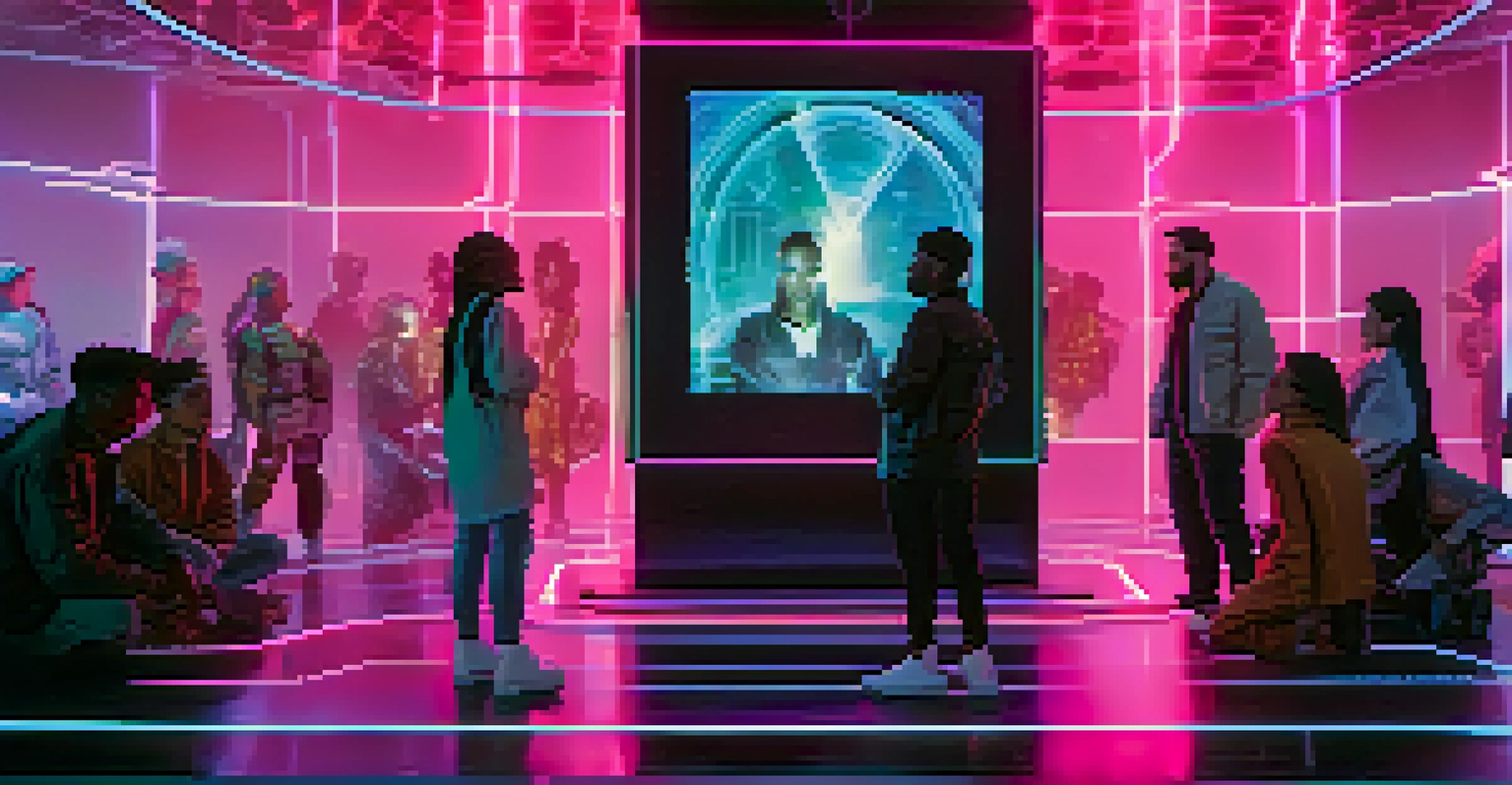 A group of diverse people discussing a holographic NFT display in a neon-lit futuristic environment.