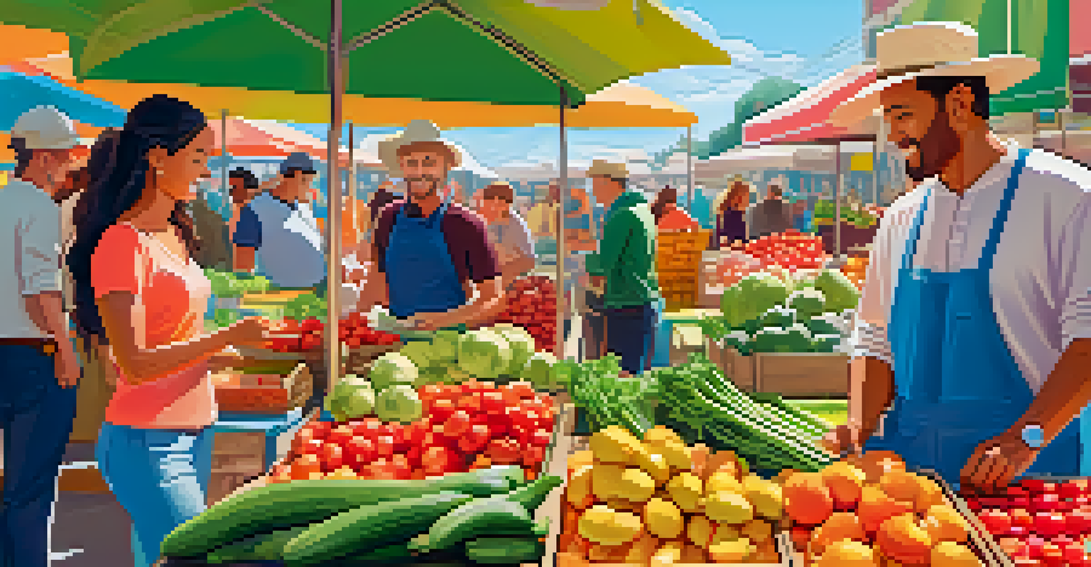 A bustling farmer's market with fresh produce being scanned for NFT tracking, highlighting sustainability.