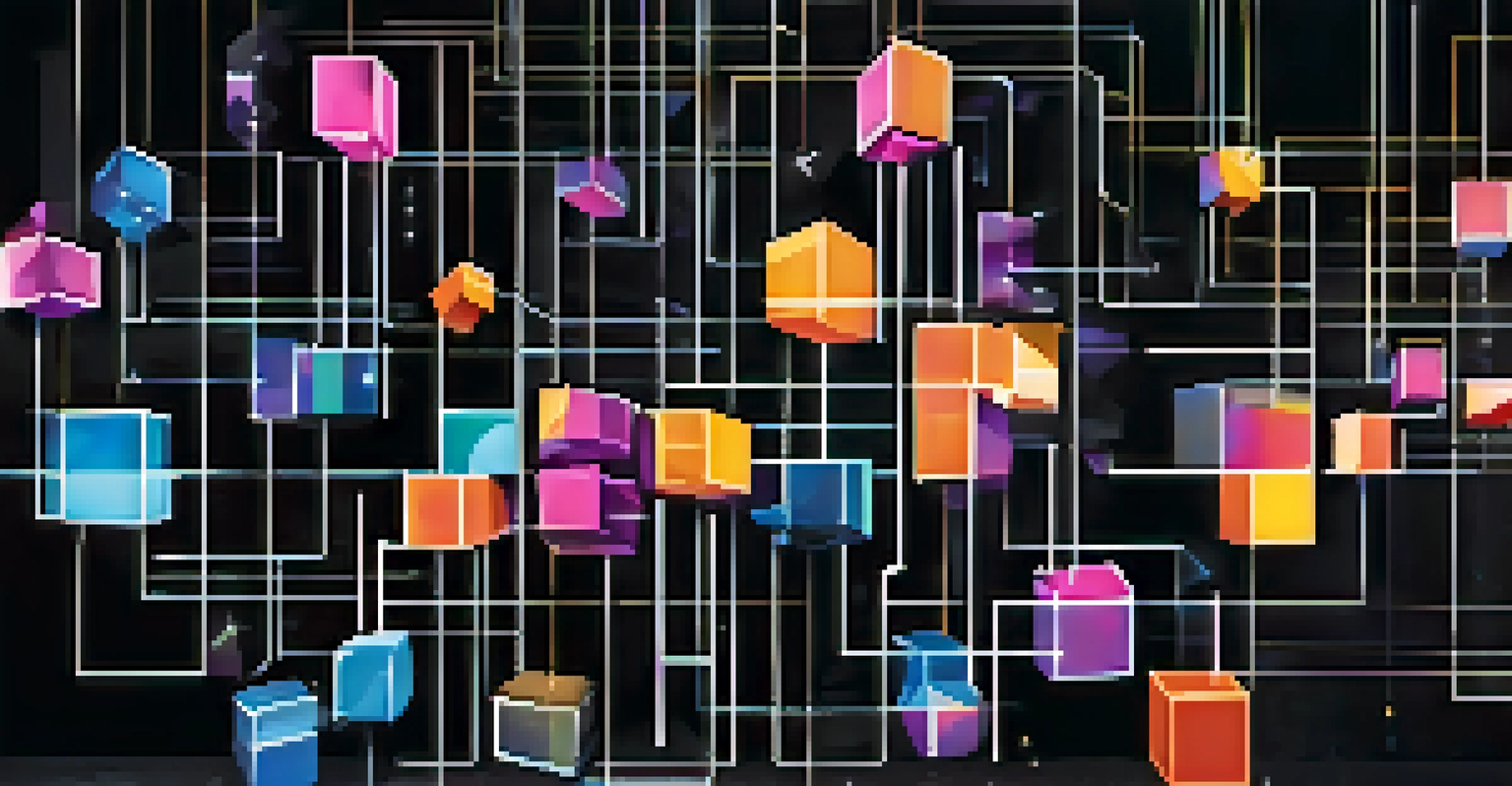 An abstract image depicting blockchain technology with glowing interconnected blocks and symbols representing security and digital assets on a dark background.