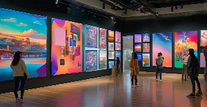 A digital gallery with various colorful NFTs displayed, and people talking about the art.