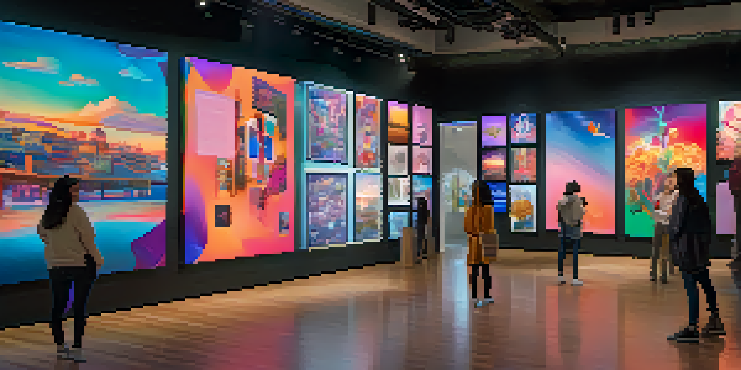 A digital gallery with various colorful NFTs displayed, and people talking about the art.