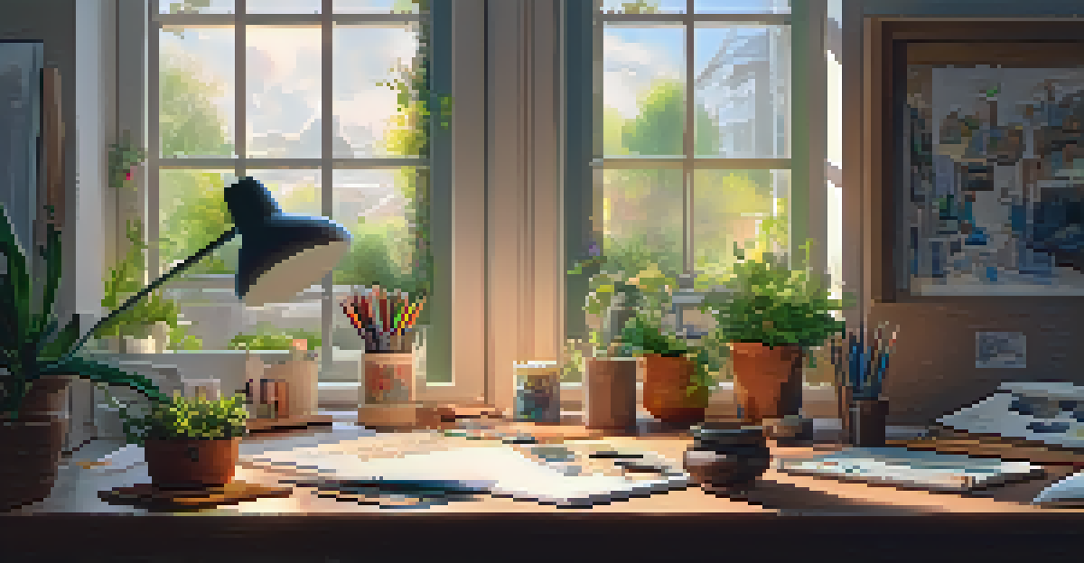 An artist working on NFTs at a desk filled with sketches and a digital tablet, with a garden visible outside.