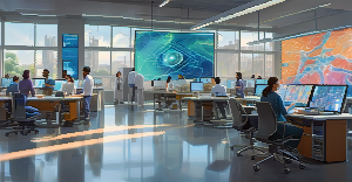 A diverse group of researchers collaborating in a bright laboratory, analyzing digital displays related to NFTs.