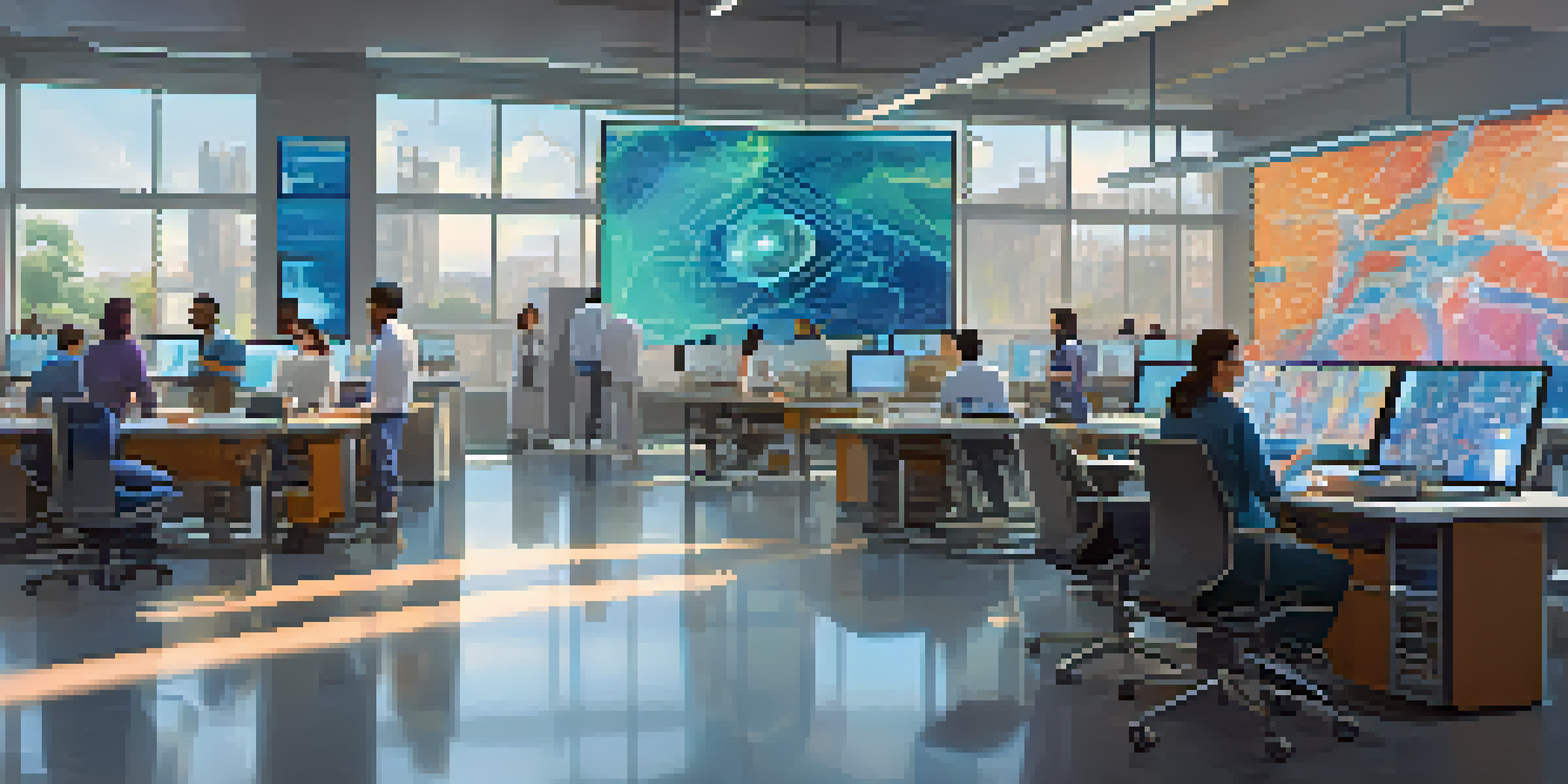 A diverse group of researchers collaborating in a bright laboratory, analyzing digital displays related to NFTs.