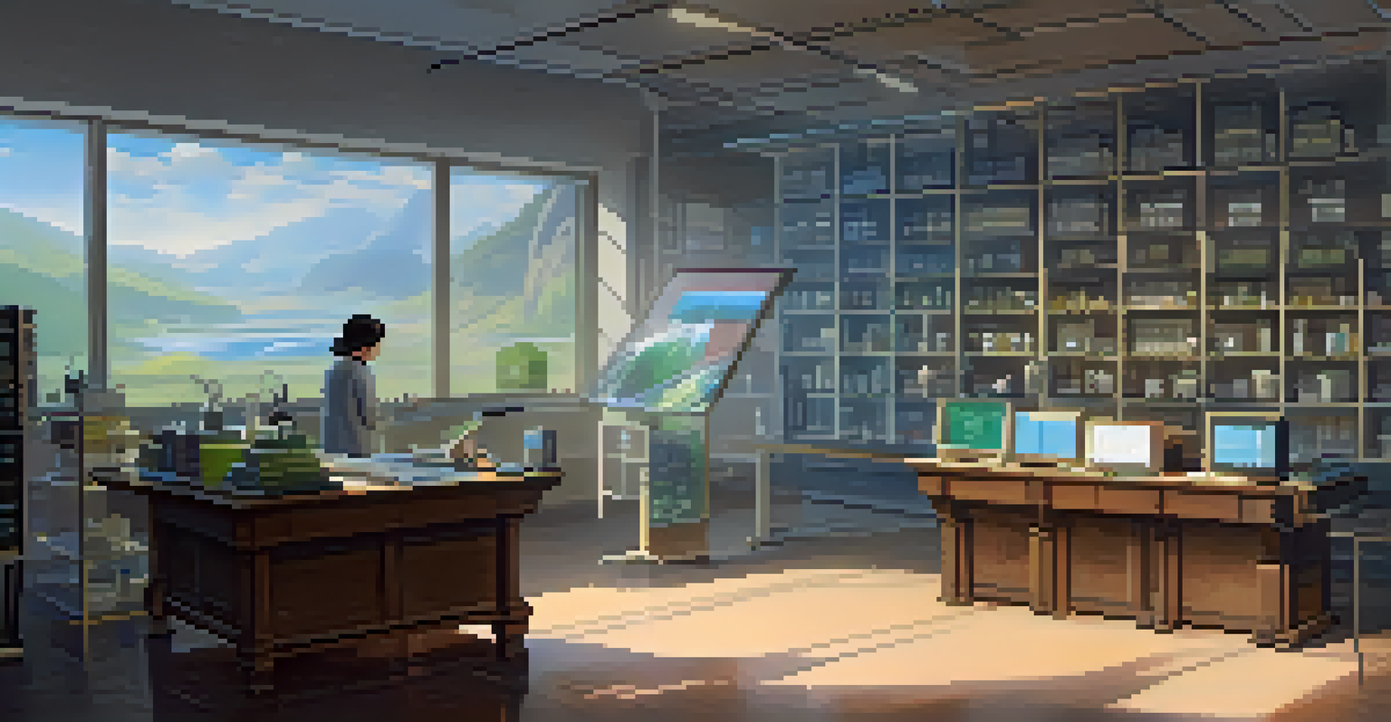 A researcher in a laboratory looking at a digital NFT certificate on a screen, with books and instruments in the background.