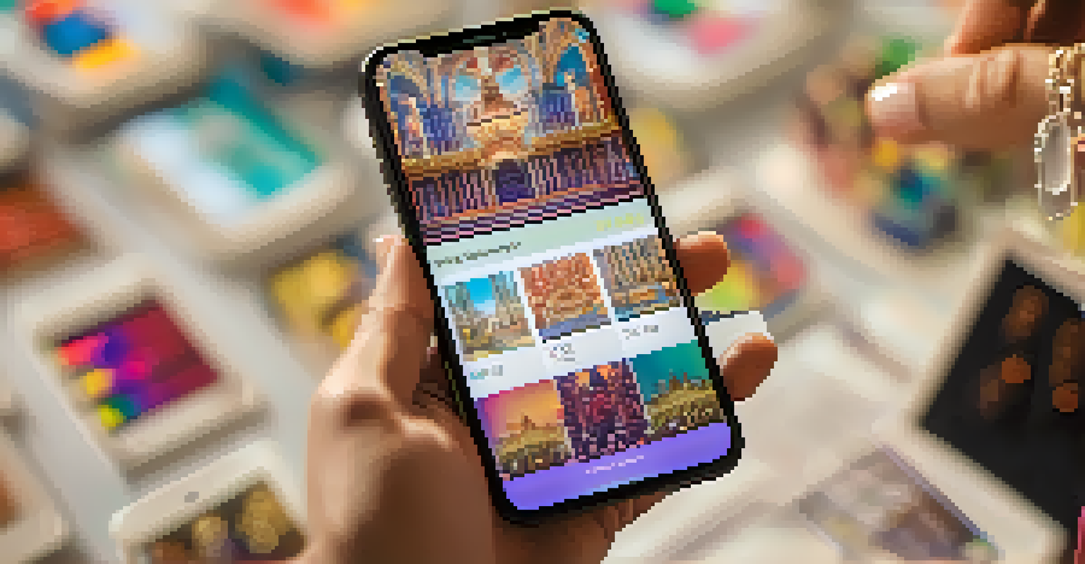 A close-up of a smartphone showing an NFT marketplace with colorful digital artworks.