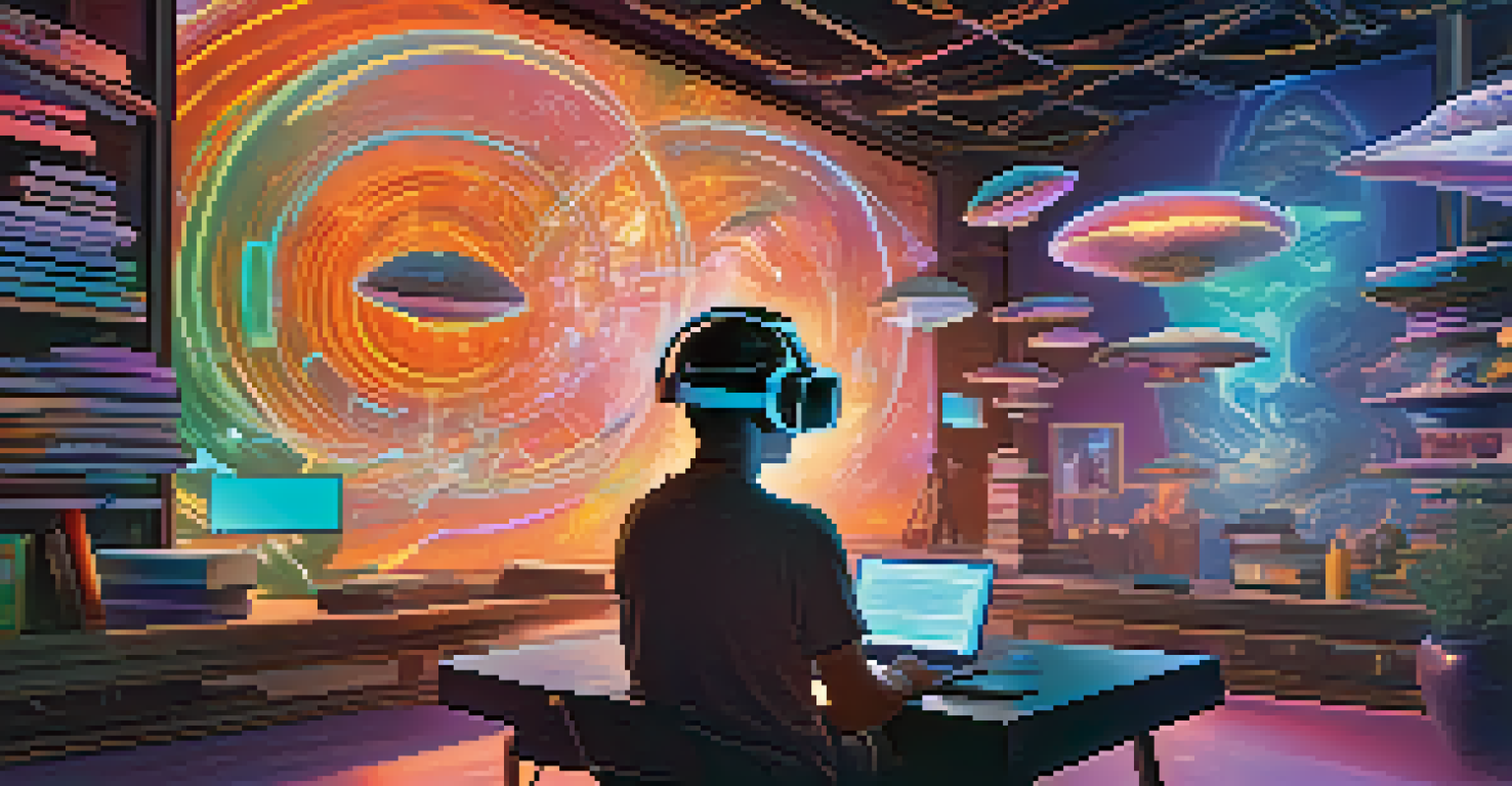 A futuristic storytelling scene with an author interacting with readers in a virtual environment, featuring floating text and holographic illustrations.