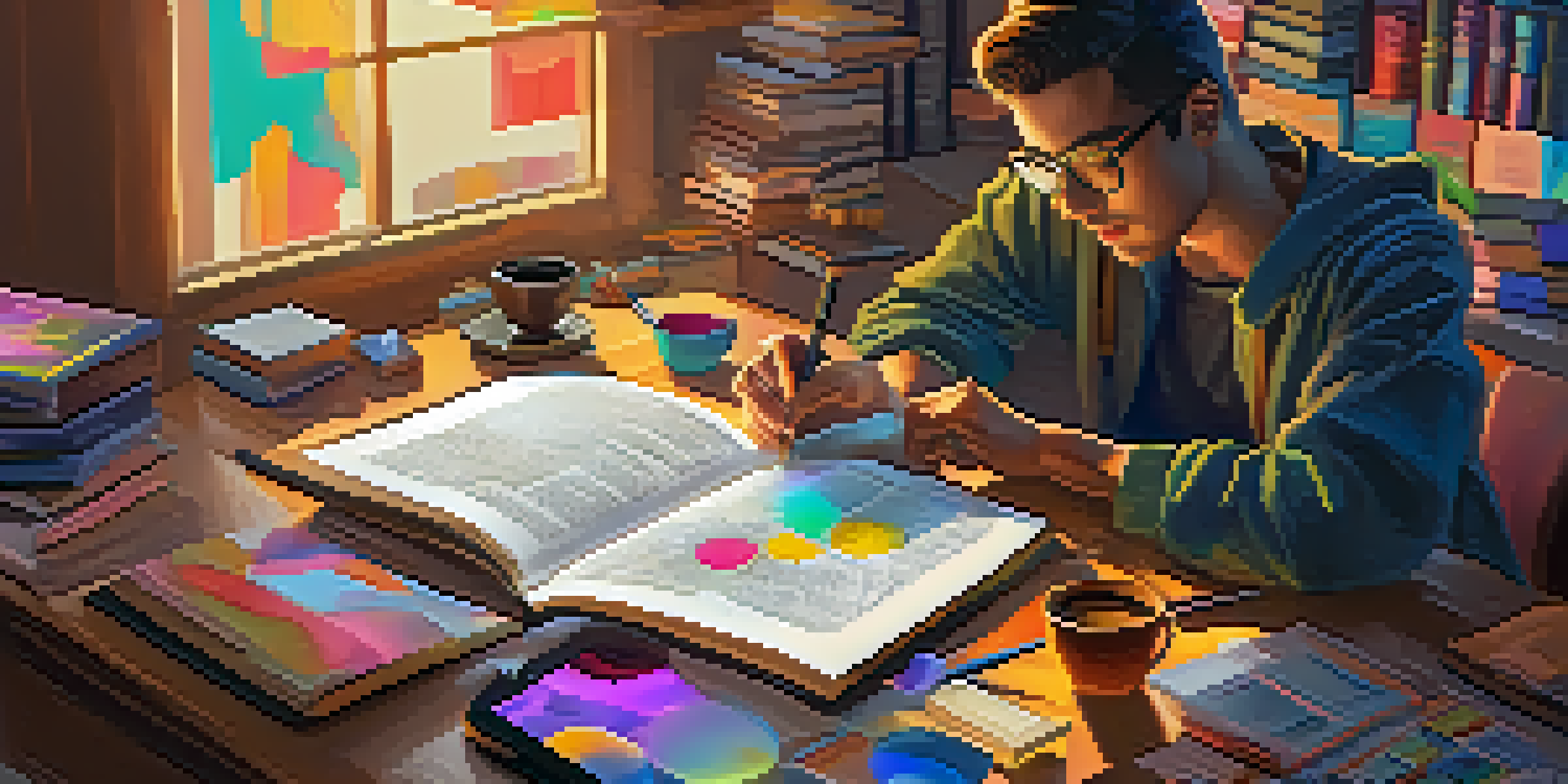 An author using a digital tablet with colorful NFTs visible on the screen, surrounded by books and coffee cups.
