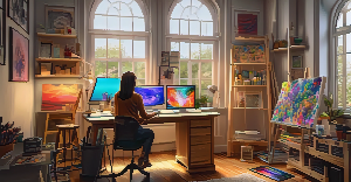A digital art studio with an artist working on NFT artwork, surrounded by colorful canvases and supplies.