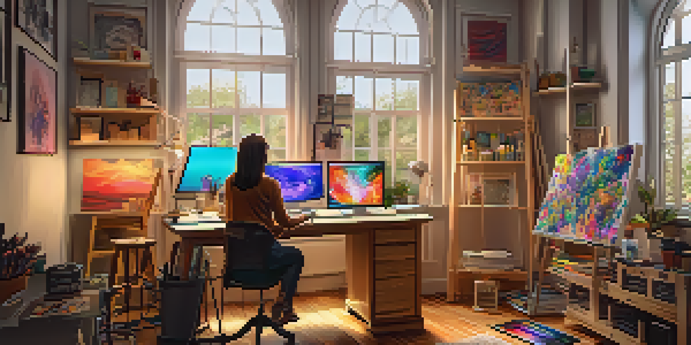 A digital art studio with an artist working on NFT artwork, surrounded by colorful canvases and supplies.