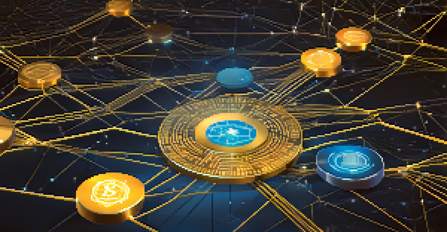 A digital ledger with glowing tokens and interconnected nodes in the background, representing tokenomics and governance in blockchain.