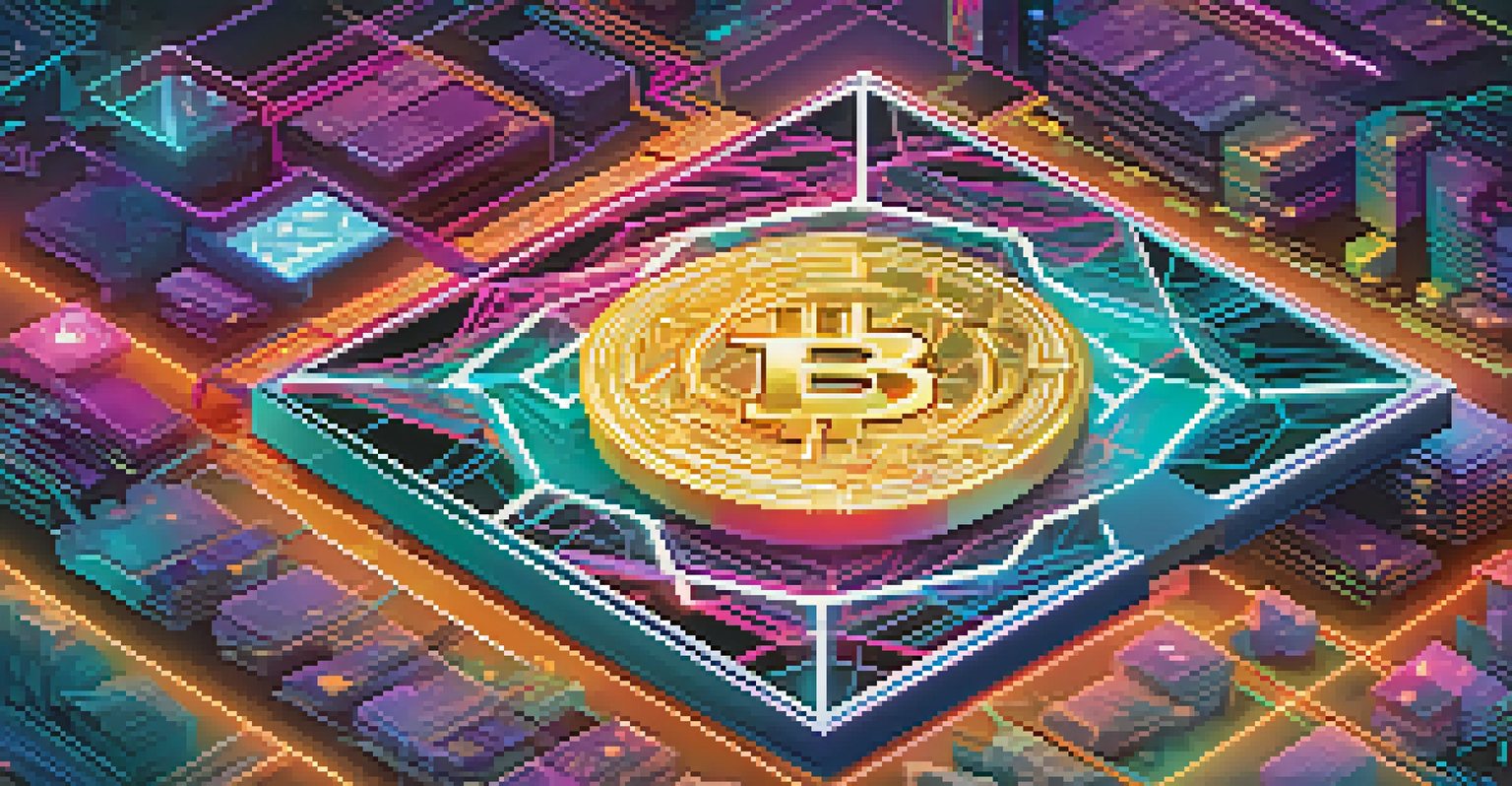 A digital depiction of a decentralized NFT platform with a central wallet and vibrant NFTs connected in a blockchain network.