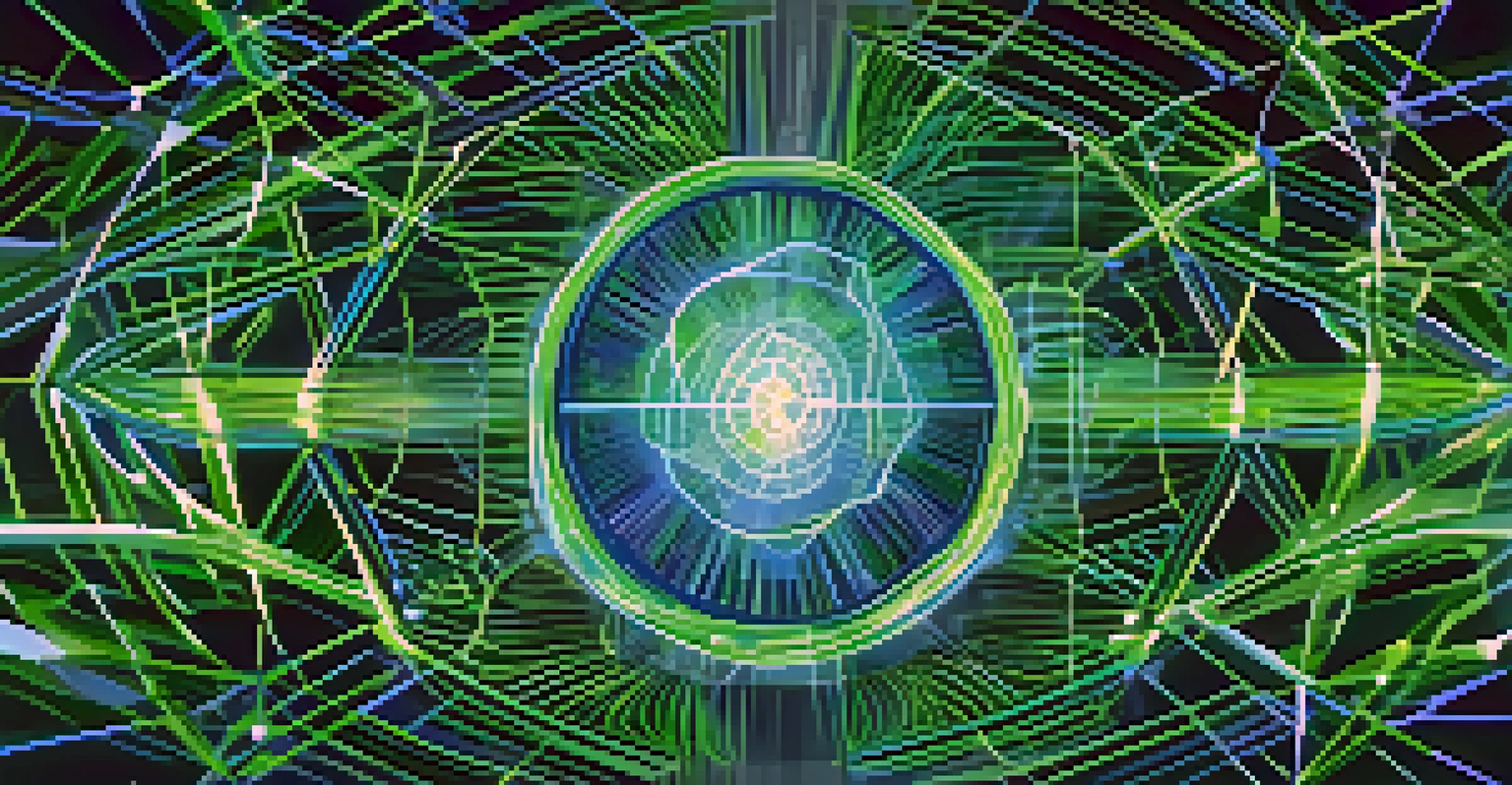 An abstract illustration of energy efficiency in NFTs, with swirling green and blue lights and geometric shapes in the background.
