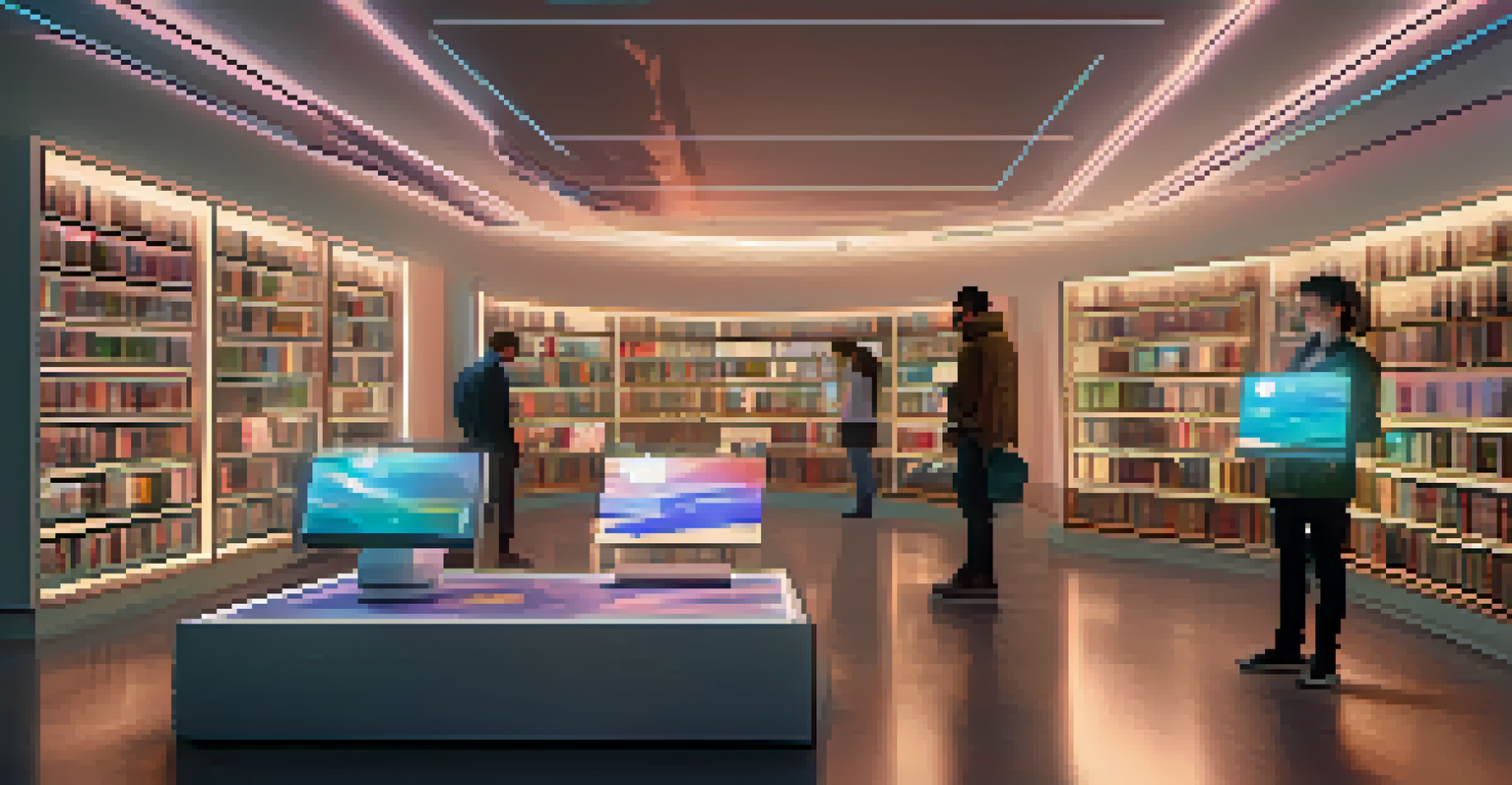 A modern library showcasing holographic books and digital screens with NFT artworks, illuminated by soft ambient lighting and featuring glass shelves.