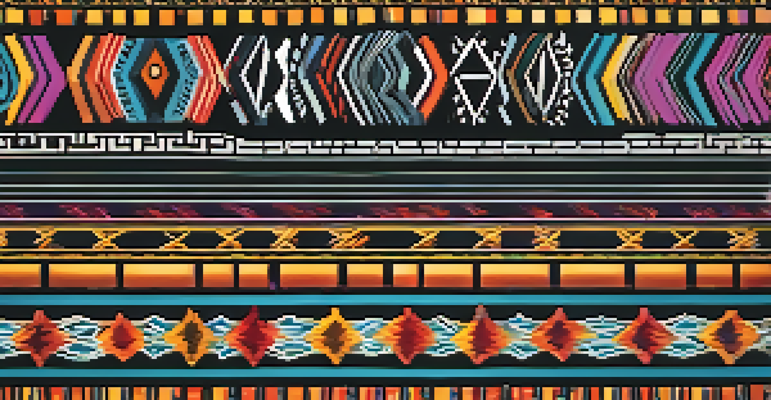 A close-up view of a colorful digital NFT featuring traditional Indigenous patterns, displayed on a futuristic platform against a dark background.