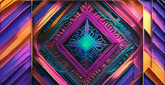 A colorful abstract design representing a unique NFT, with geometric patterns and a glowing background.