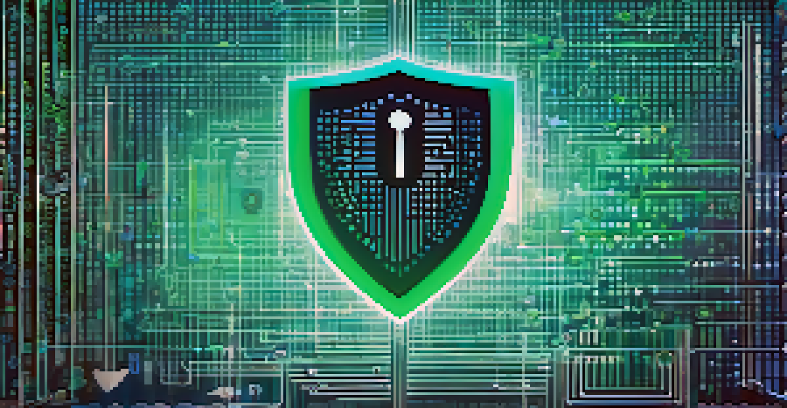 A transparent shield symbolizing user privacy laws, surrounded by floating icons of locks and shields against a gradient digital background.