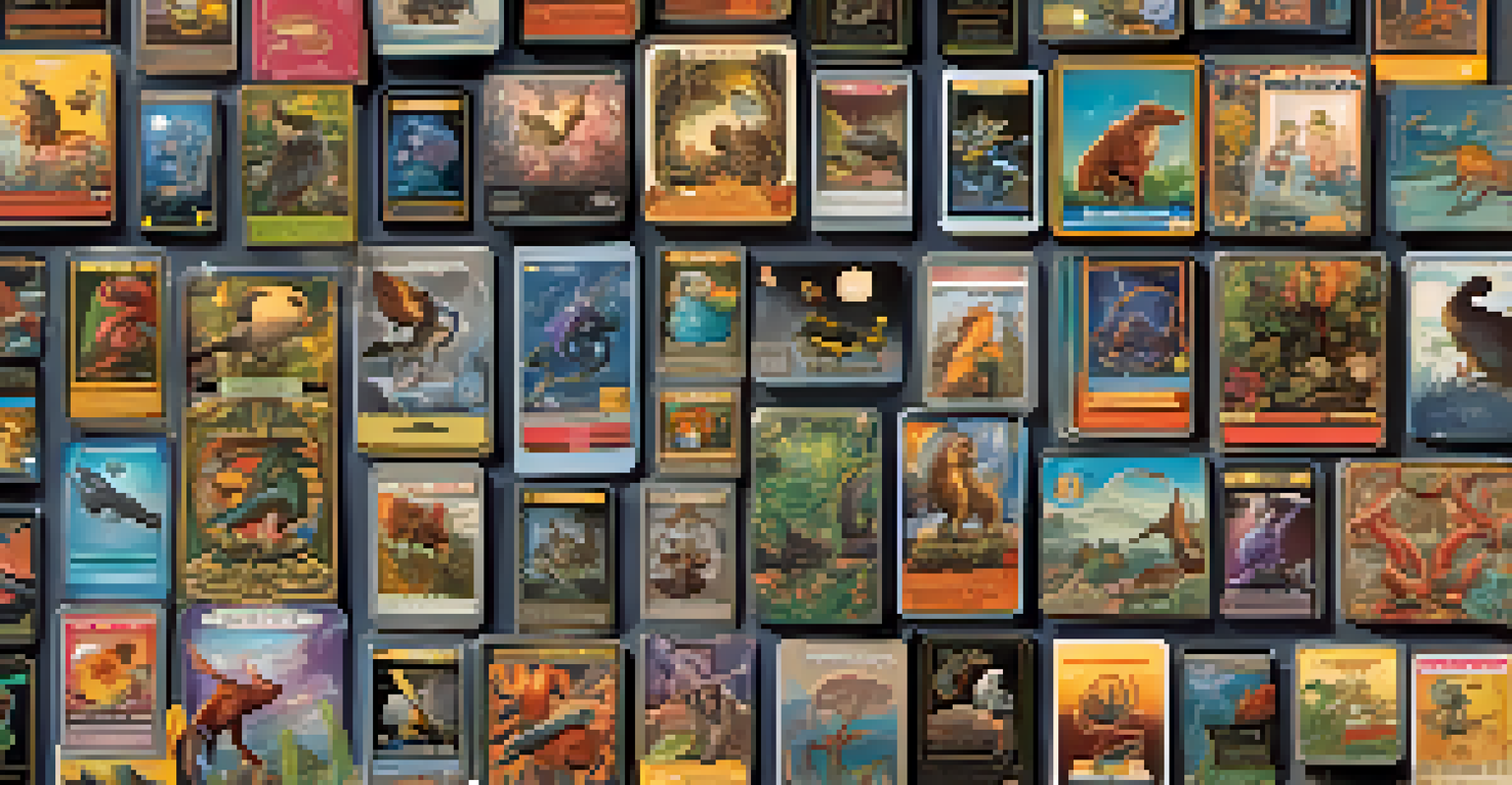 A collection of colorful digital trading cards featuring illustrations of fantastical creatures.